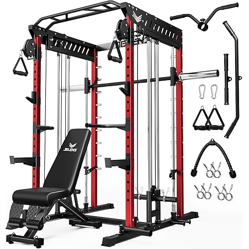 M21 Smith Machine, Multi-Function Power Cage with Dual Pulley Cable Crossover System, 2000LBS All-in-One Squat Rack with Smith Bar and Attachments
