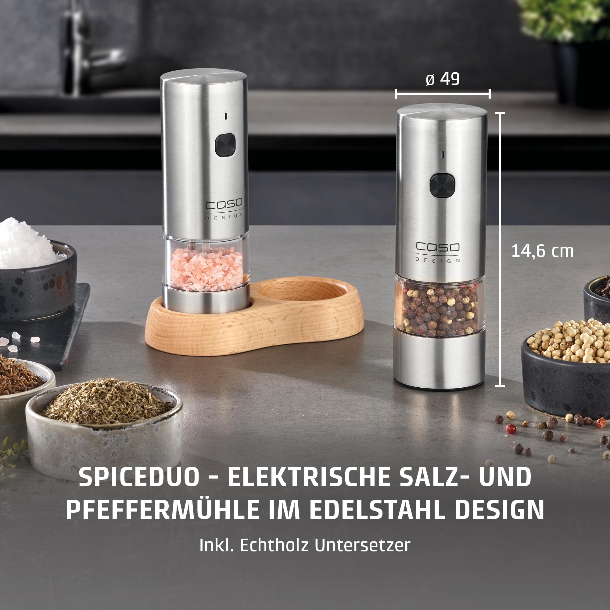 CASO SpiceDuo Elektrische Salz- & Pfeffermühle Set – Edelstahl Gewürzmühlen mit Keramikmahlwerk, stufenlos einstellbar, LED-Licht, USB-C aufladbar, Einhandbedienung & Holzhalterung