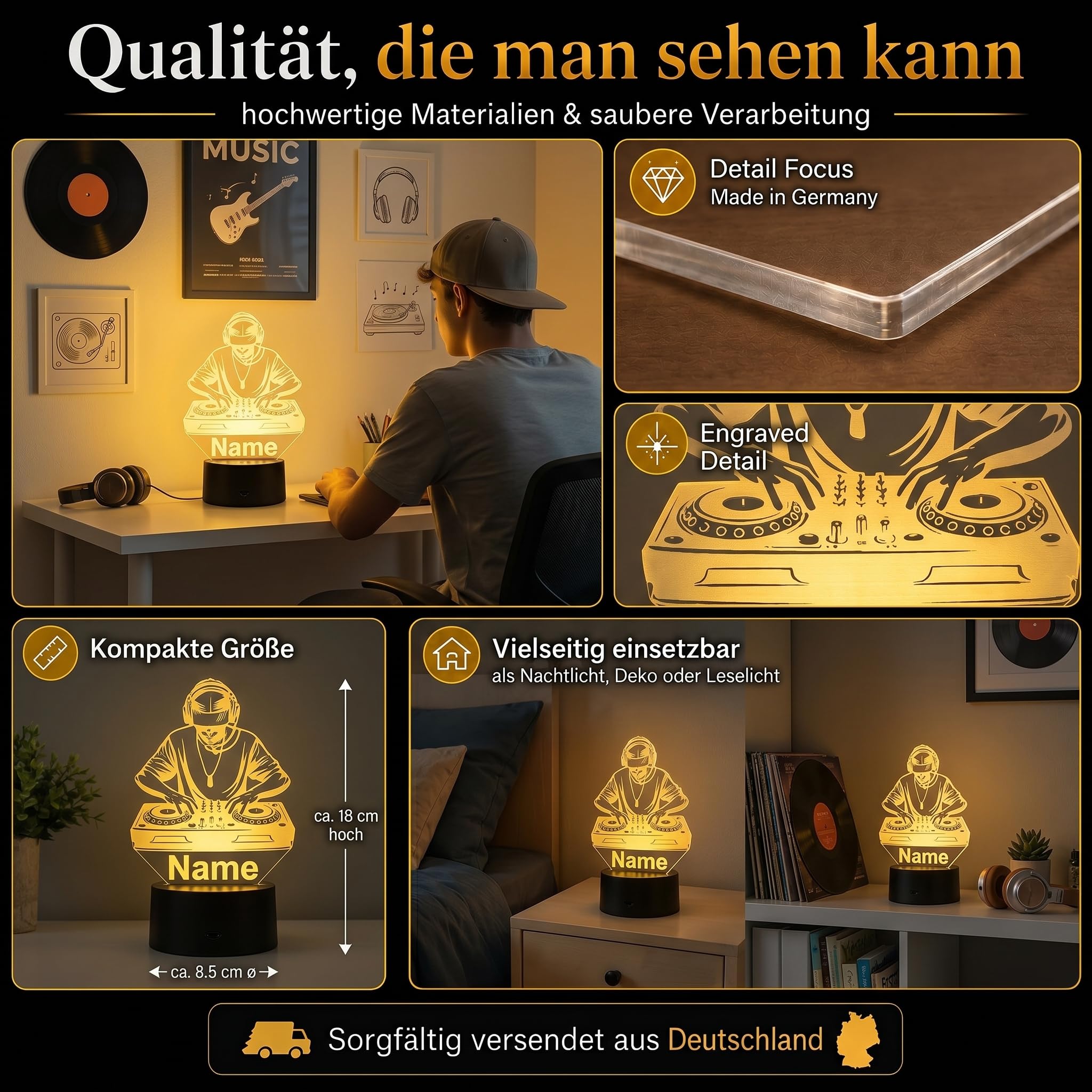 Personalisierte DJ Lampe – LED Nachtlicht mit Name & Gravur – Geschenkidee für DJs, Musikliebhaber & Clubfans – Musik Deko Lampe, stimmungsvolles Licht & originelles DJ Geschenk