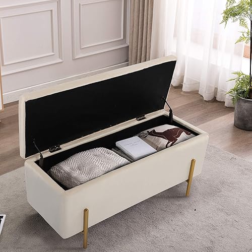 Miniatura 7 de NOBPEINT Banco otomano de almacenamiento de terciopelo de 43 pulgadas, banco tapizado con patas de metal, color gris