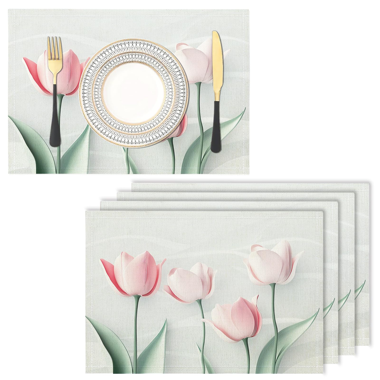 Placemats Washable Set of 8-30 x 45 cm tulip Placemats, plant Cotton Linen Hemstitch Place Mats for Table, Kitchen, Dining