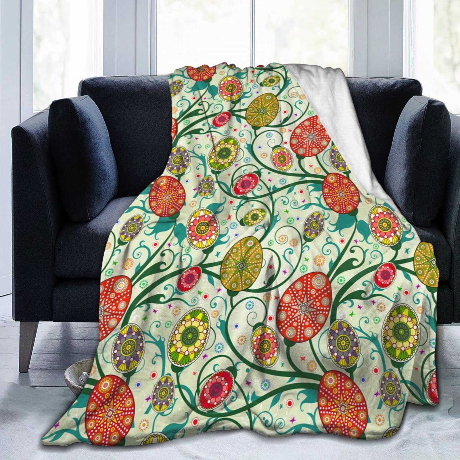 Lsjuee Spring Pattern with Easter Eggs Throw Blanket Soft Cozy Lightweight Blankets Easter Bunny Flannel Blanket for Sofa Couch Bed Office Holiday Decorative 80"X60"