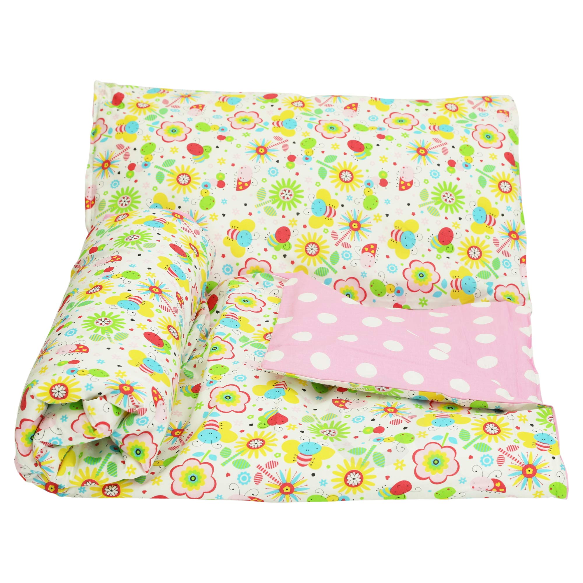 OLO Olobaby Reversible Cot Duvet/Quilt Cover and Pillowcase Set 2 pcs 100% COTTON (Pink white spotty& bees, 135 x 100 cm)