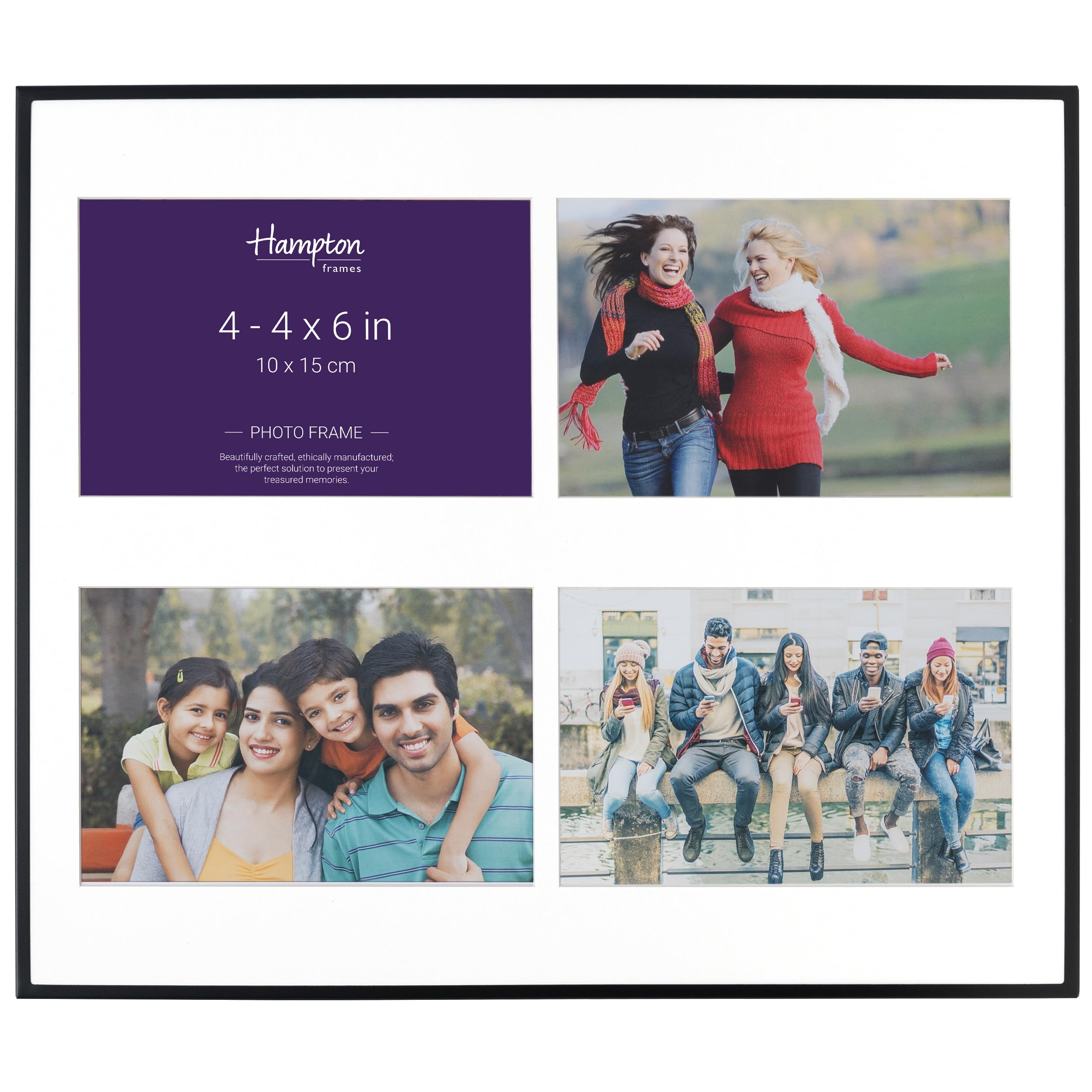 Hampton Frames Black Madrid 4 Aperture Photo Frame, 4X6 (10X15cm), Painted Alloy, Glass Front, White Mount | Freestanding Or Wall Mount | Display Multiple Photos