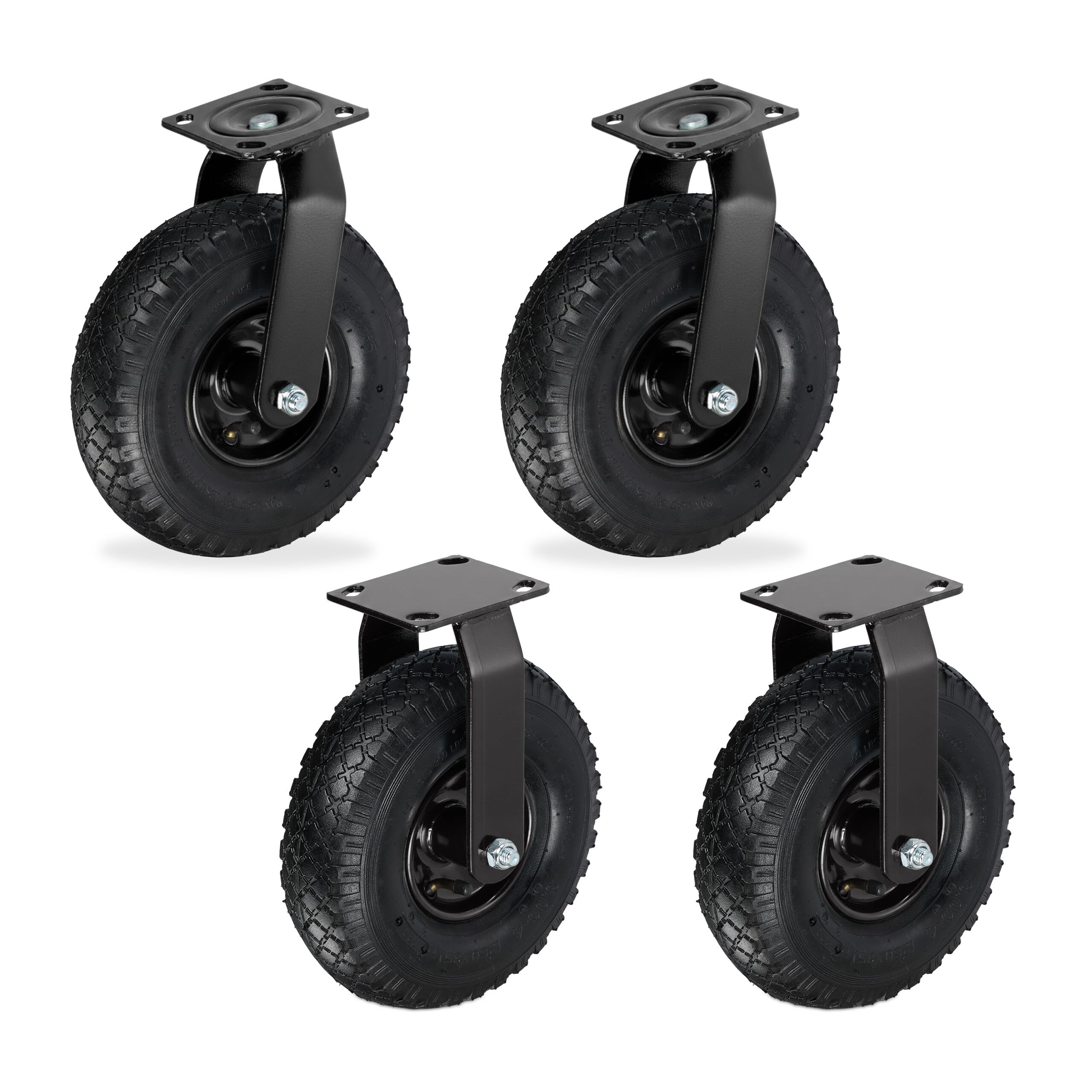 Relaxdays Set 2X Ruote fisse + 2X girevoli, pneumatiche 3.00-4, Portata 120 kg, Nero, Rotelle Piatte