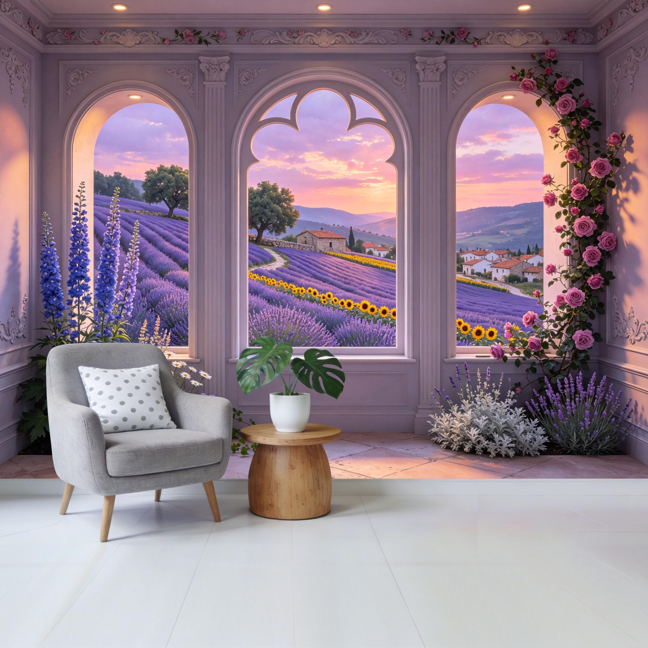 Custom Size Wall Mural Lavender Field Sunset View Through Vintage Arched Window Landscape Removable Self Adhesive Fabric Home Wall Decor for Living Room Bedroom Bathroom