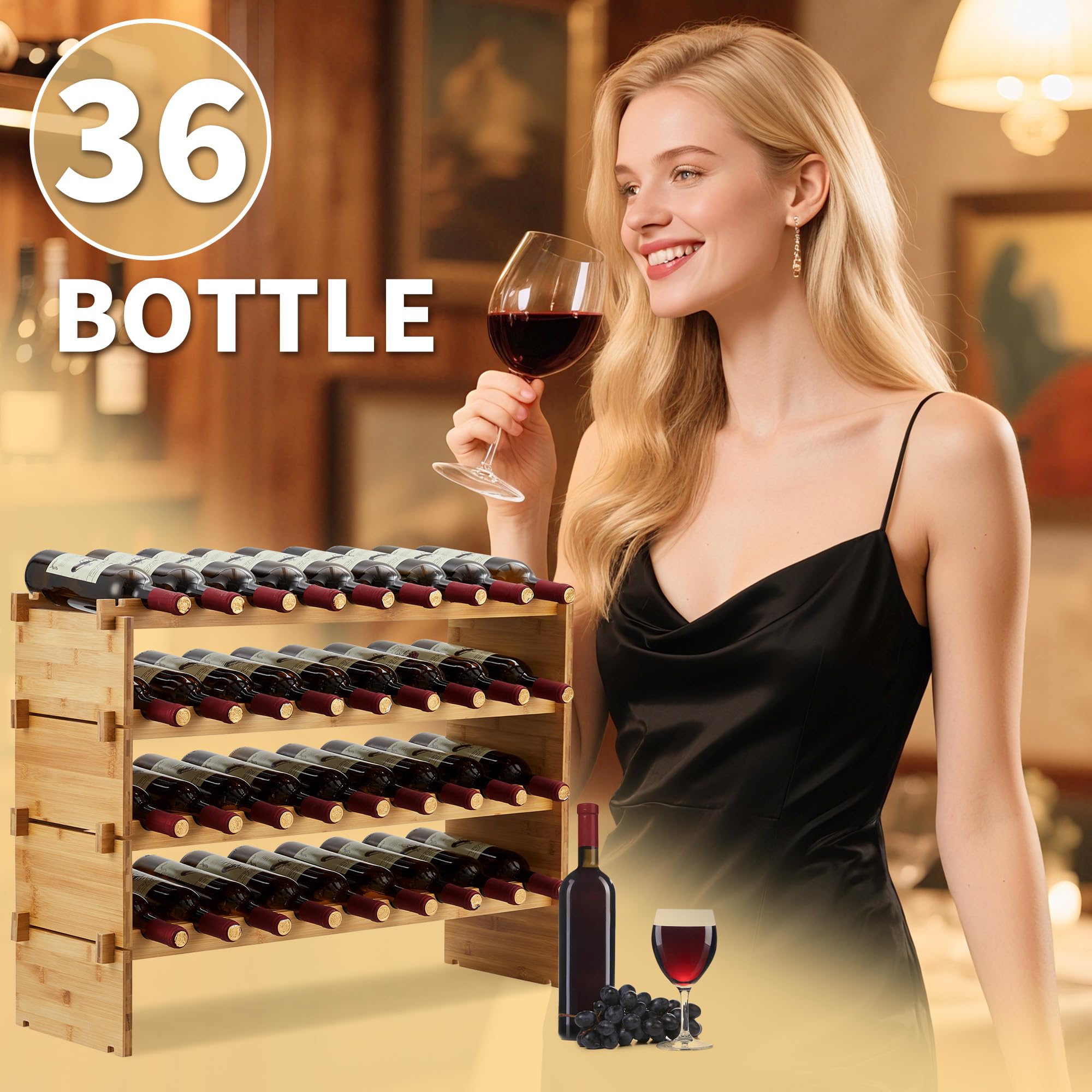 GarveeHome Weinregal Wein Regal Bambus Stapelbar Flaschenregal Flaschenständer AA-Qualität Ohne Schrauben, Platzsparend Für Keller, Bar, Küche & Esszimmer