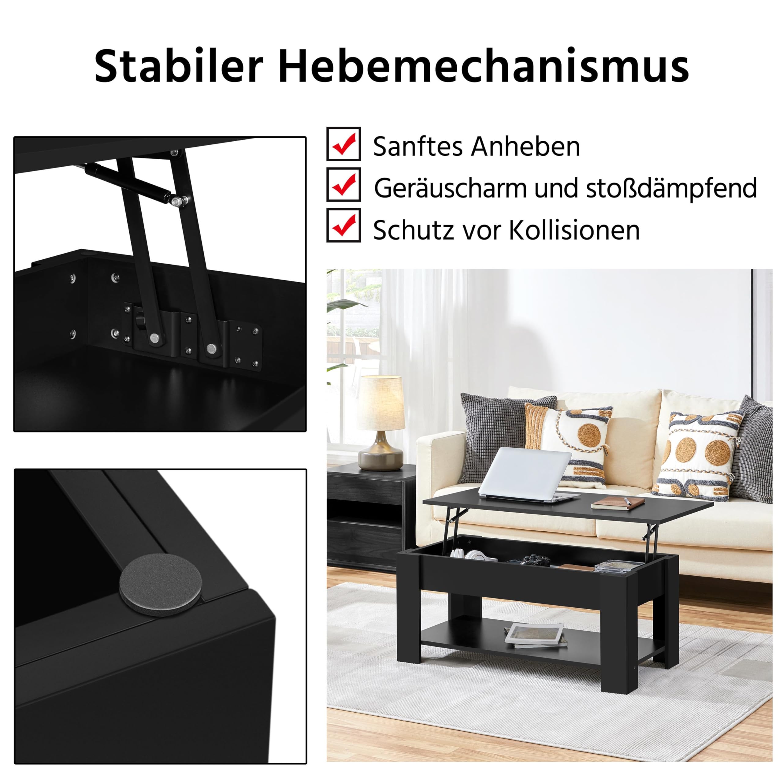 Yaheetech Couchtisch Kaffeetisch höhenverstellbar Wohnzimmertisch mit Ablagefach Sofatisch Beistelltisch Teetisch aus Holz Schwarz – Bild 6