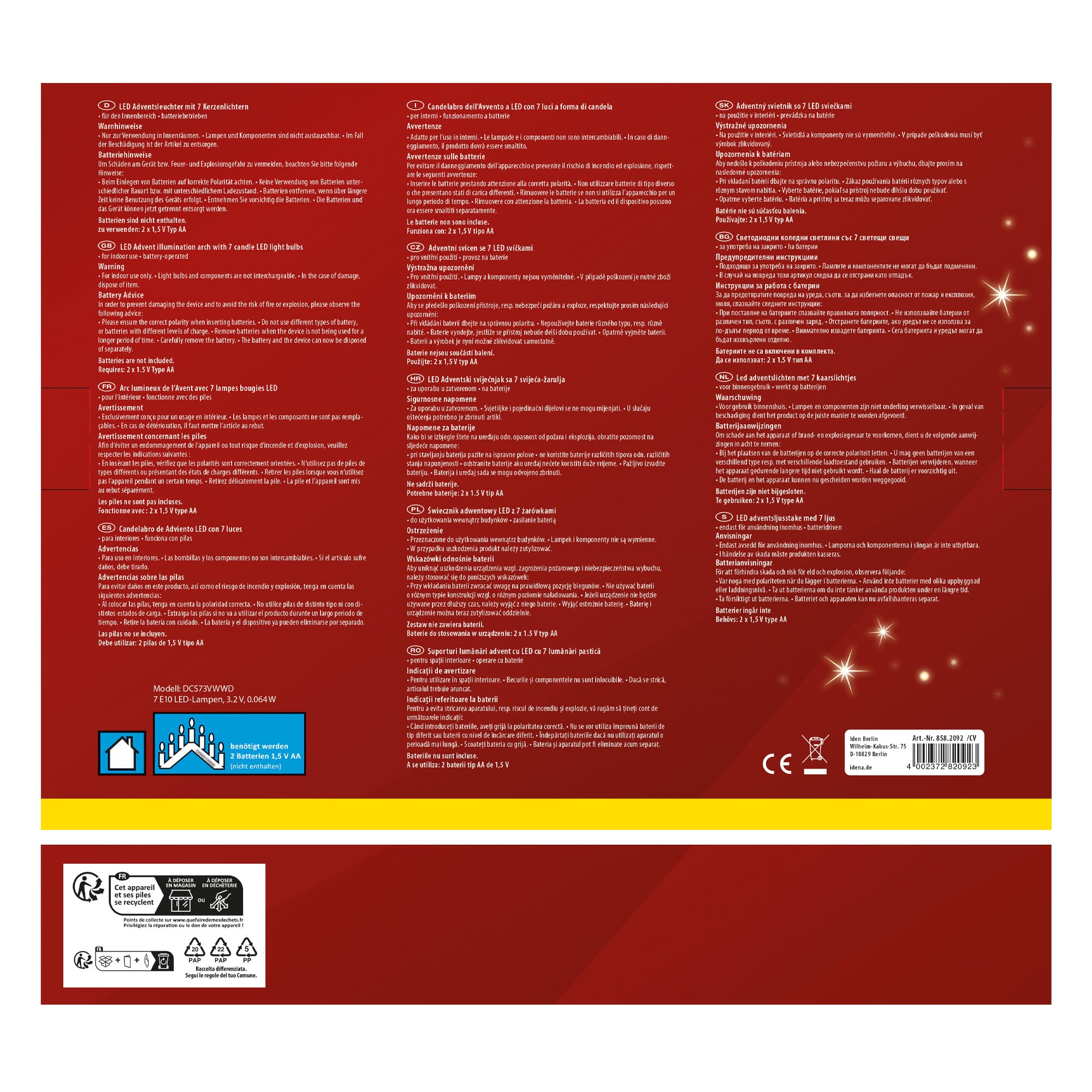 Idena 8582092 – świecznik adwentowy LED z 7 diodami LED w kolorze ciepłej bieli, łuk z drewna w kolorze naturalnym, zasilany bateriami, dekoracja do wnętrz, jako dekoracja zimowa, adwentowa i
