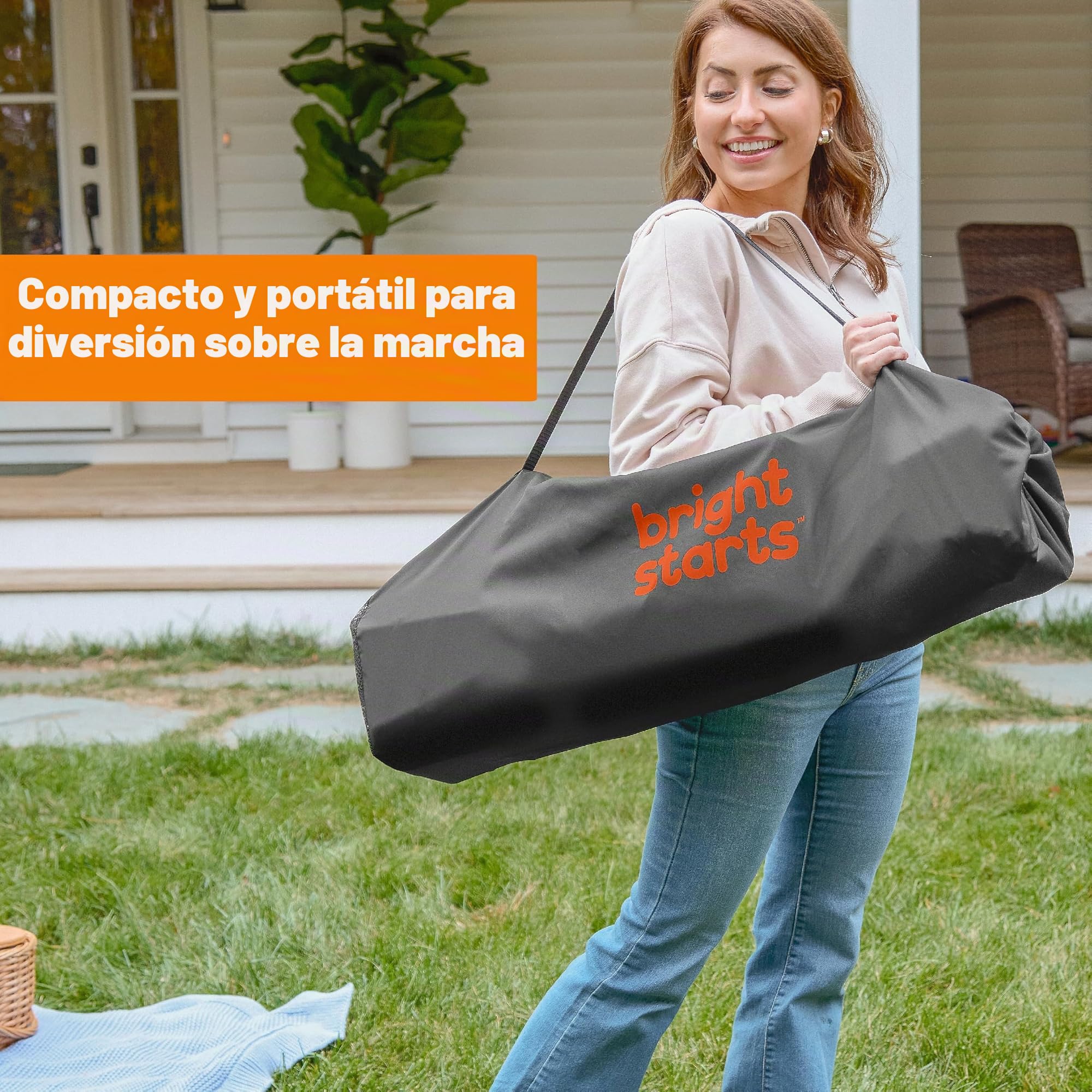 Bright Starts, Saltador Interactivo Portátil Pop 'N Jump, Dulces Golosinas, para Uso en Interiores y Exteriores, Incluye 4 Juguetes Sensoriales, para Bebés de 6 a 12 Meses