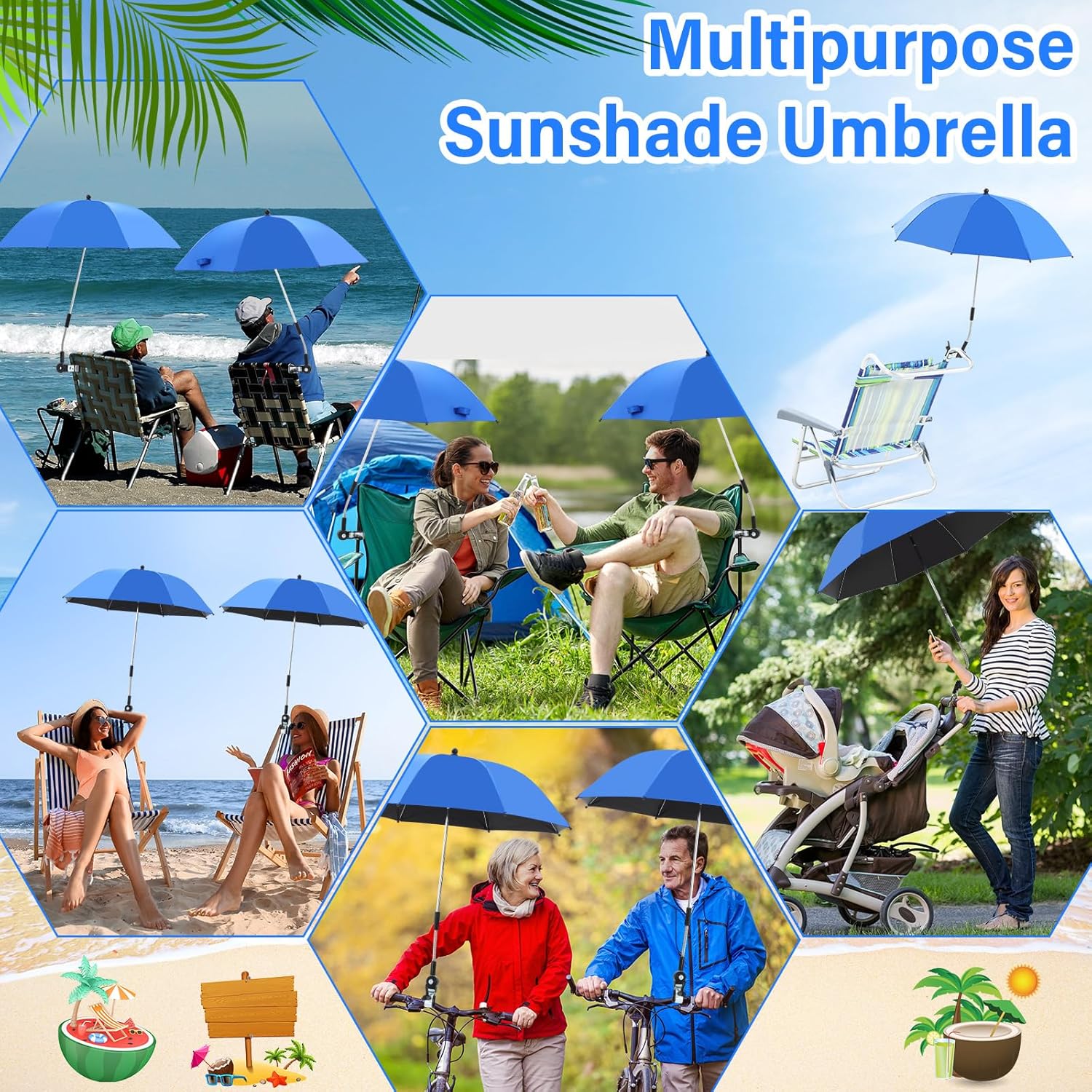 Hosuly 4 Pack Chair Umbrella with Clamp Universal 33.5 Inches 360° Adjustable UPF 50+ UV Protection Beach Clip on Wheelchair Umbrella for Camping Stroller Golf Carts, Not Include Chair(Royalblue)