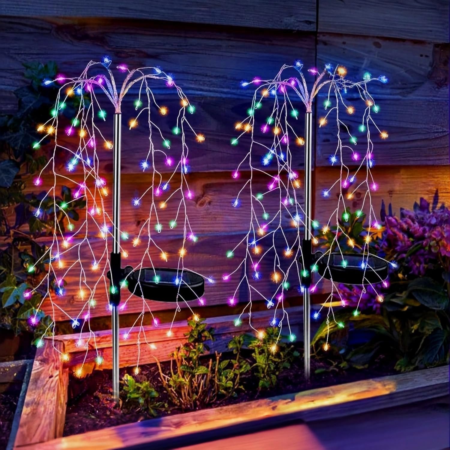Gresoinc 200LED 2 Pack Solar Lights Outdoor Garden Ground Willow Tree, Colorful Firework Light 8 Modes Copper Wire Fairy Starburst Waterproof Decor for Walkway, Yard, Pathway, Lawn, Patio, Backyard