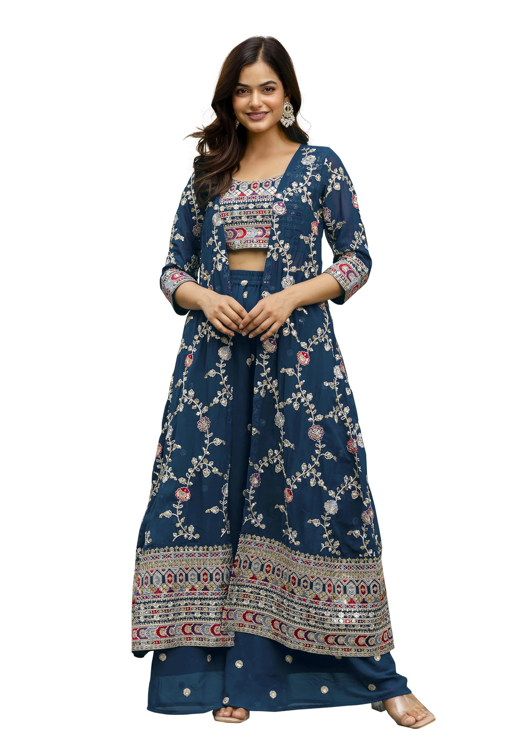TRENDMALLS Womens Georgette Embroidery Crop Top with Flared Pleated Palazzo and Shrug Set