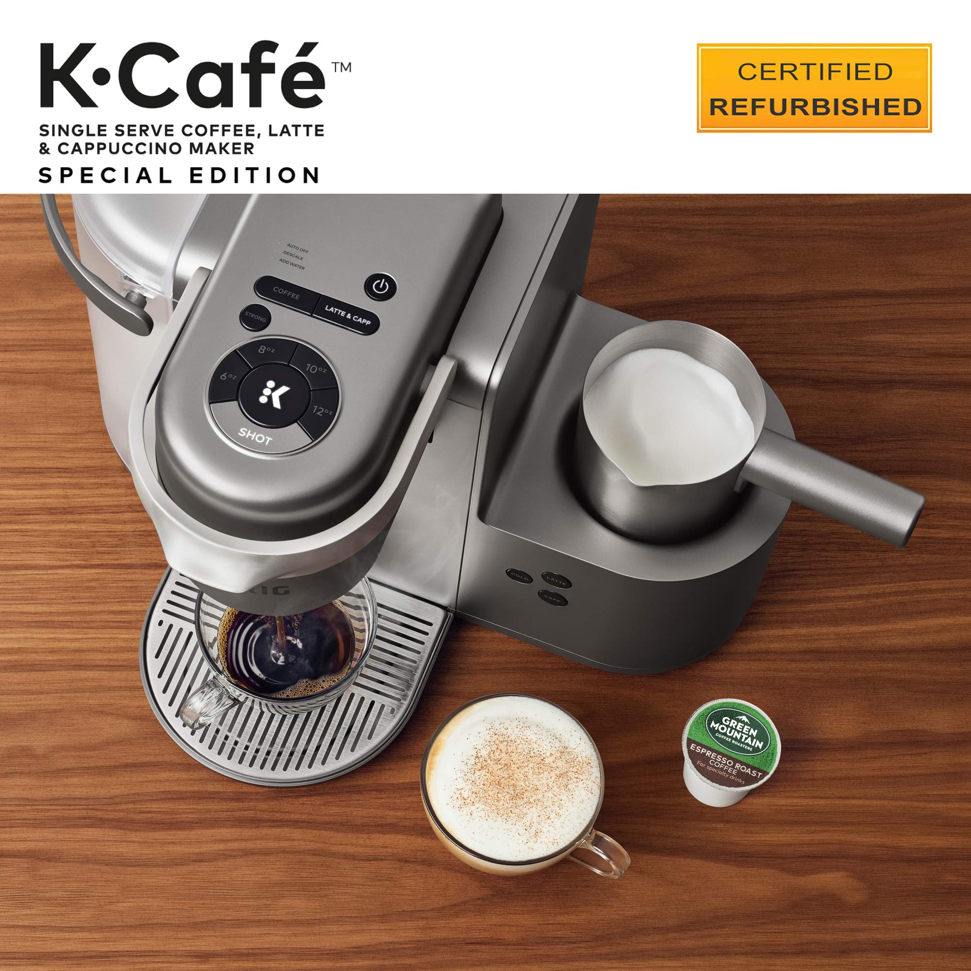 Keurig K-Cafe Special Edition Coffee Maker, Single Serve K-Cup Pod Coffee, Latte and Cappuccino Maker, Comes with Dishwasher Safe Milk Frother, Coffee Shot Capability, Nickel (Renewed)