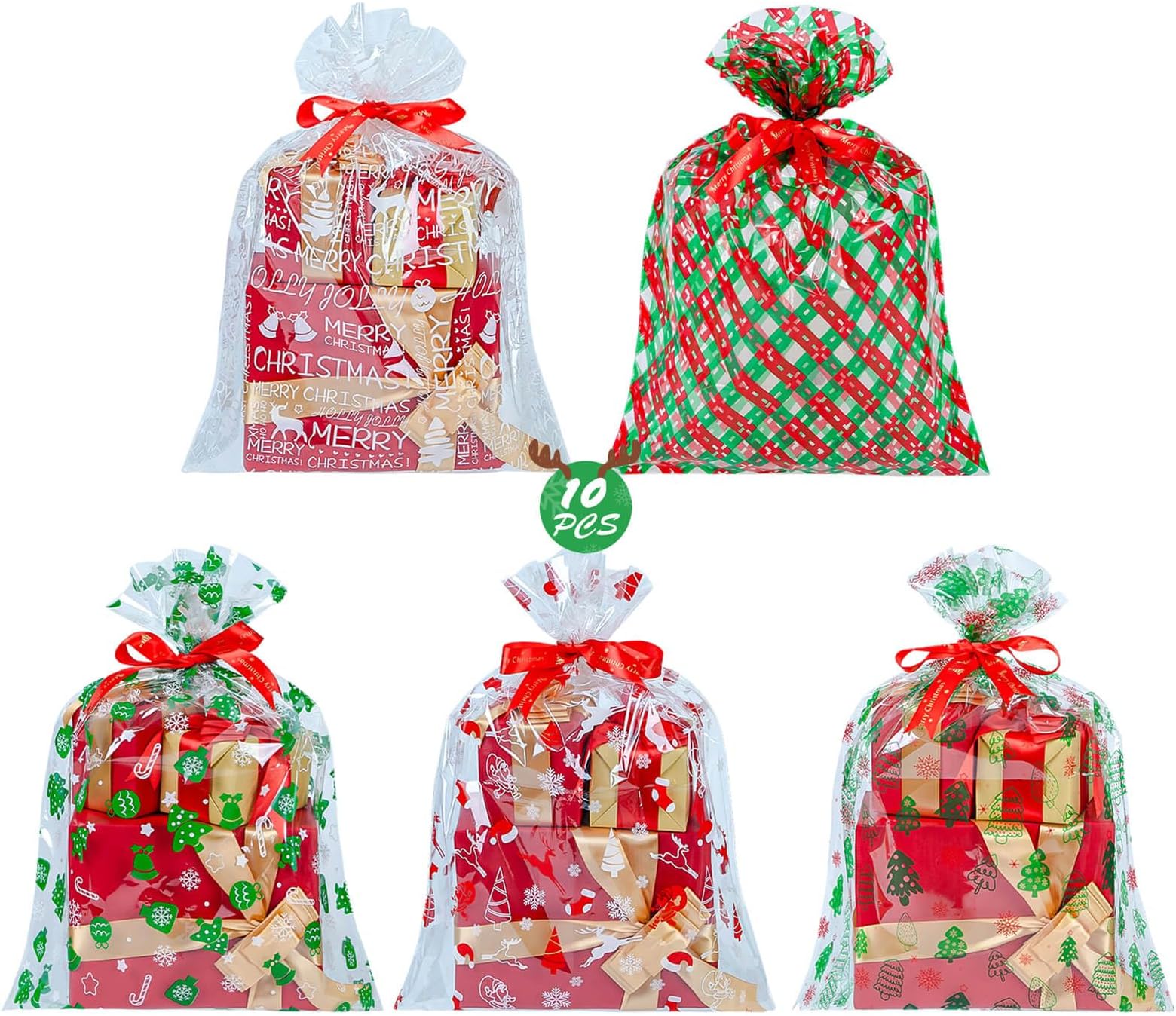 CubesLand Christmas Cellophane Gift Wrap Basket Bags,17.71"x23.62"Christmas Goody Bags 3 Mil Thick Clear Cellophane Wrap Bags,Xmas Gift Bags,Holiday Party Favors Bags,10 Pcs 5 Designs