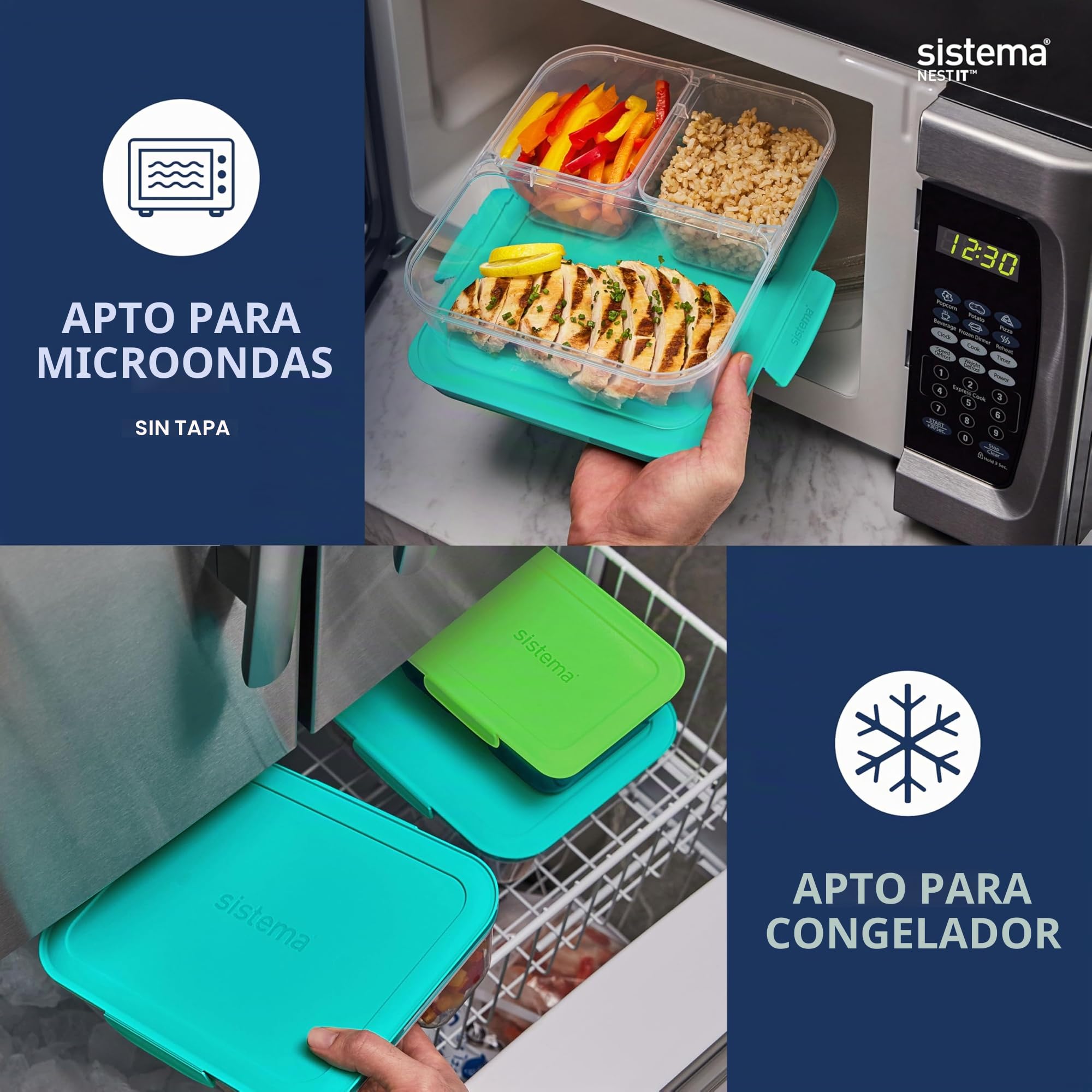 Sistema NEST IT recipientes para guardar comidas preparadas | 1,9 l | Recipientes herméticos para guardar alimentos con compartimentos y tapa | Sin plástico BPA | Verde | 5 unidades