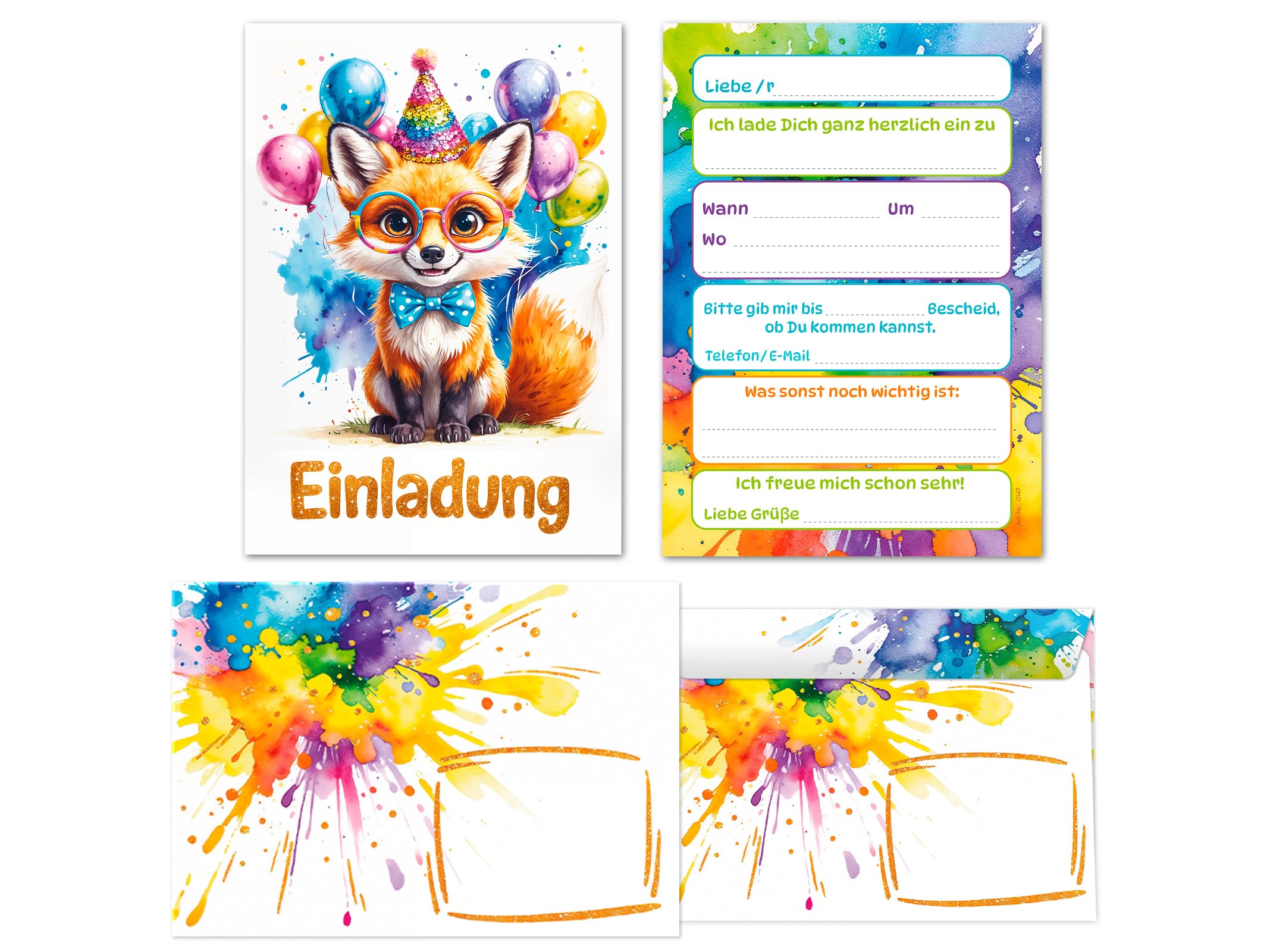 JuNa-Experten 12 Einladungskarten incl. 12 Umschläge zum Kindergeburtstag Jungen Mädchen Kinder Tiere Fuchs coole bunte Einladungen Geburtstag Jungsgeburtstag Mädchengeburtstag Taufe Einschulung