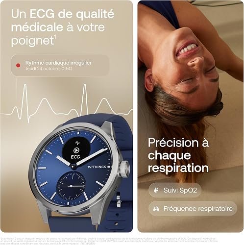 Withings ScanWatch 2 - Montre connectée, électrocardiogramme ECG, SpO2, température, Suivi du Sommeil, santé respiratoire, activités, Calories, étanche, Batterie de 35 Jours, Android & iOS, 42mm, Bleu - 4