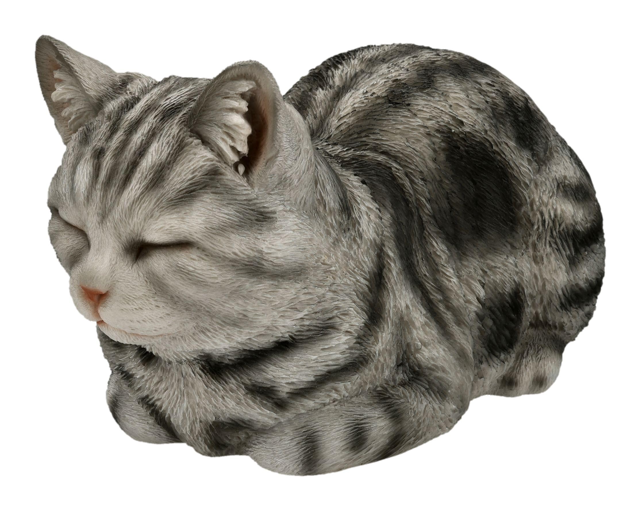 Figuren Shop GmbH Katzenfigur schlafend 34 cm – liegende Tigerkatze grau getigert aus Polyresin, handbemalt und wetterfest – Tierfigur für Garten, Beet, Terrasse und Wohnzimmer