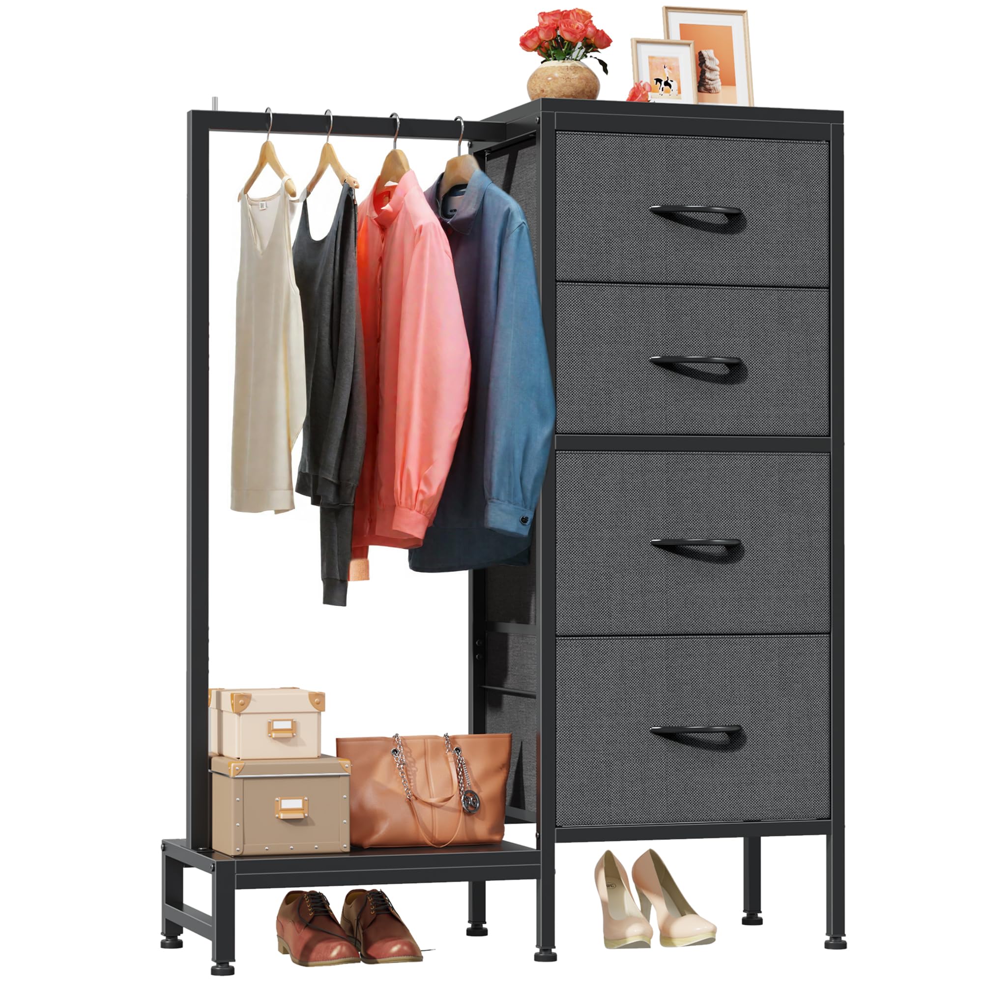 HIGDBFE Dresser with Hanging Rack, 4 Drawers Small Closet for Bedroom, Reversible Fabric Kids Chest of Drawers with Clothes Rack, Tall Storage Tower,