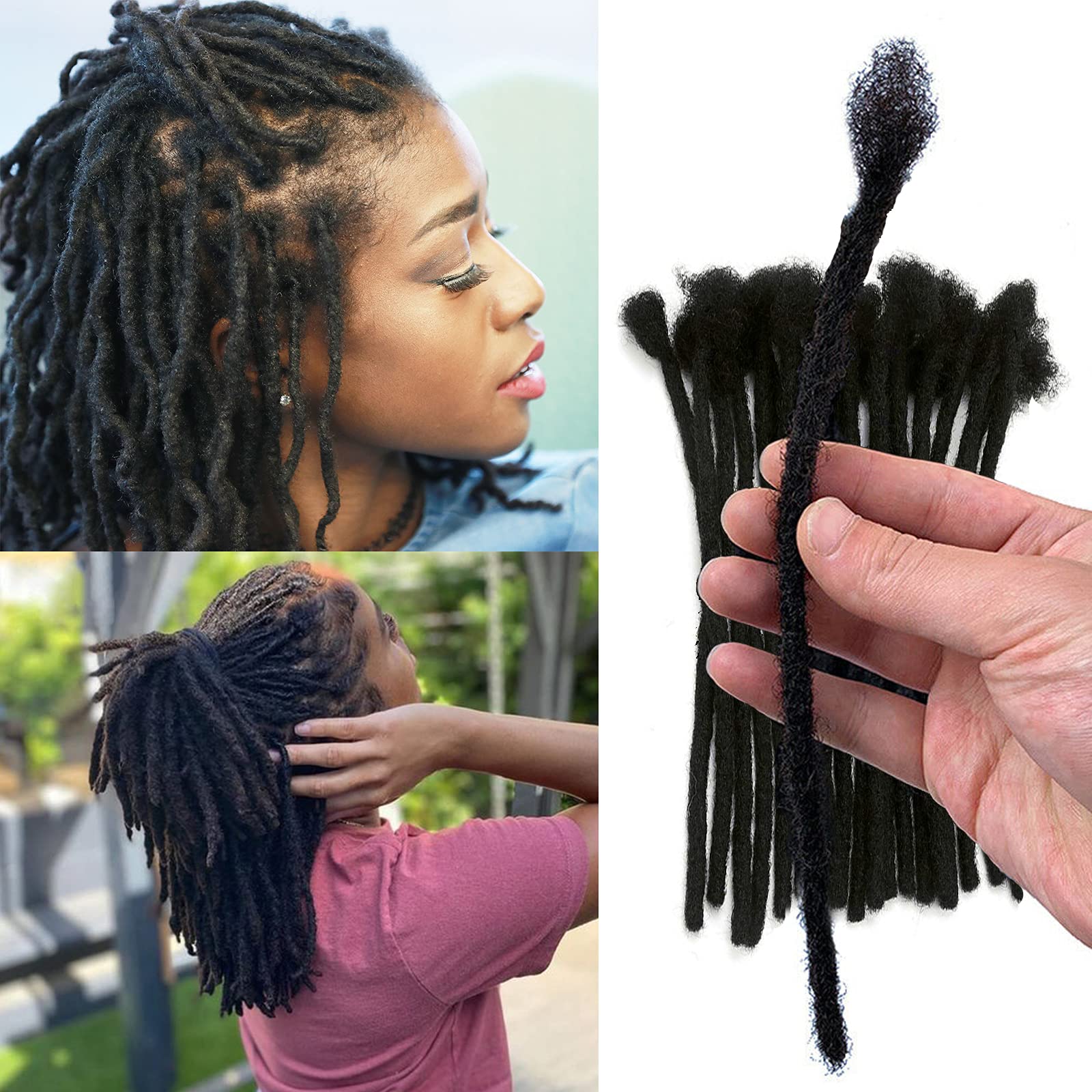 ADIASAI 0.4cm and 0.6cm Width 4-16 Inch 10-100 Strands Options 100% Human Hair Dreadlock Extensions for Men Women Kids Full Handmade Human Loc Extensions with Needle and Comb(0.6cm, 8inch, 10Strands)