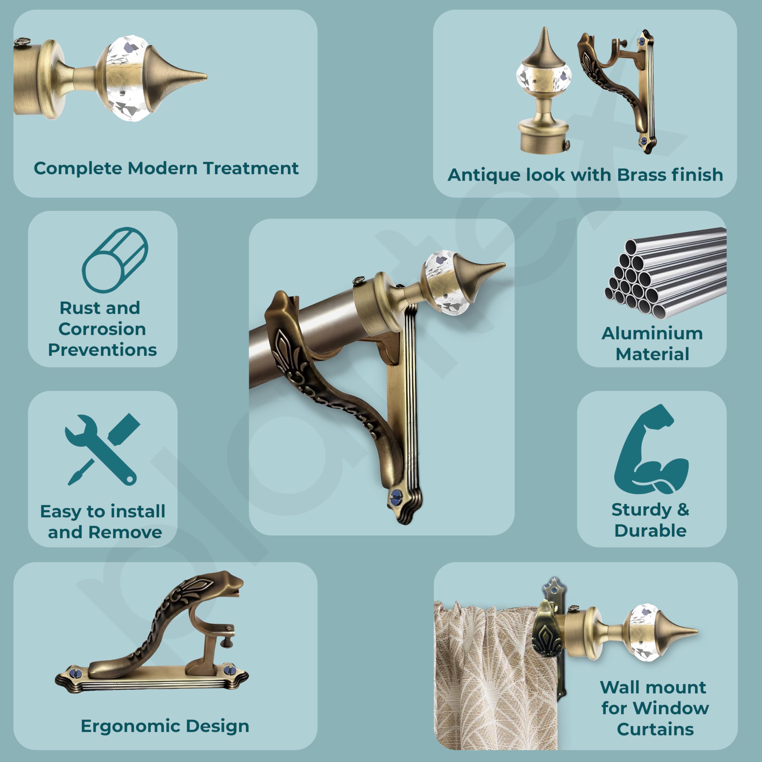 Plantex Heavy Duty Aluminium Diamond Curtain Holder/Curtain Brackets Parda Holder with Support 1 Inch Rod/Wall Mount Curtain Holder (Brass Antique - 2 Pair) 2