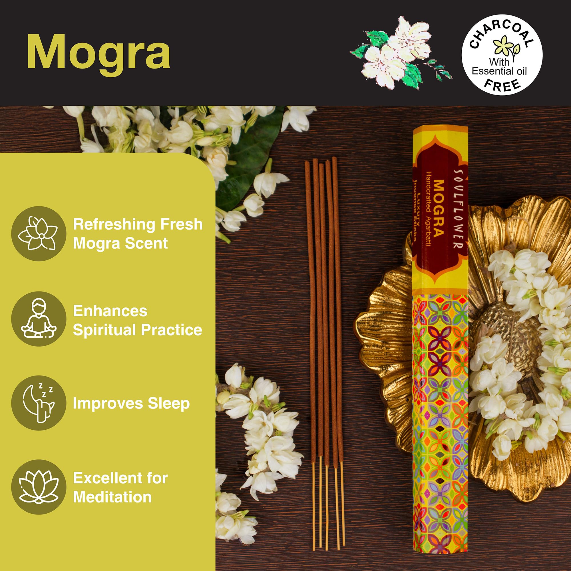 Soulflower 4 in1 Agarbatti Stick of Chandan, Gulab, Kesar & Mogra|Handmade,Long Lasting, Charcoal Free Incense Sticks for Home, Office, Room, Puja, Pooja, Meditation, Freshness 20 Sticks (Pack of 4) 2