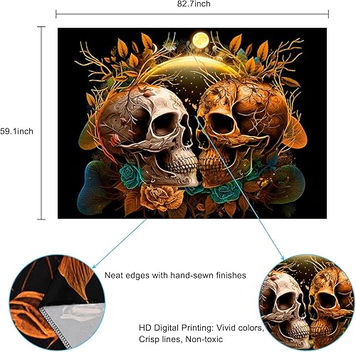Miniatura 6 de Krelymics Tapiz floral de calavera, flores, esqueleto, tapiz de luna, tapiz de plantas y hojas, tapiz de fondo negro, tapiz para colgar en la pared