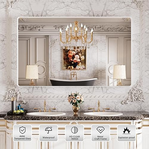 Miniatura 2 de Espejo de baño con marco de metal blanco de 55 x 30 pulgadas para pared, espejo de tocador de baño blanco mate, espejo rectangular redondeado,