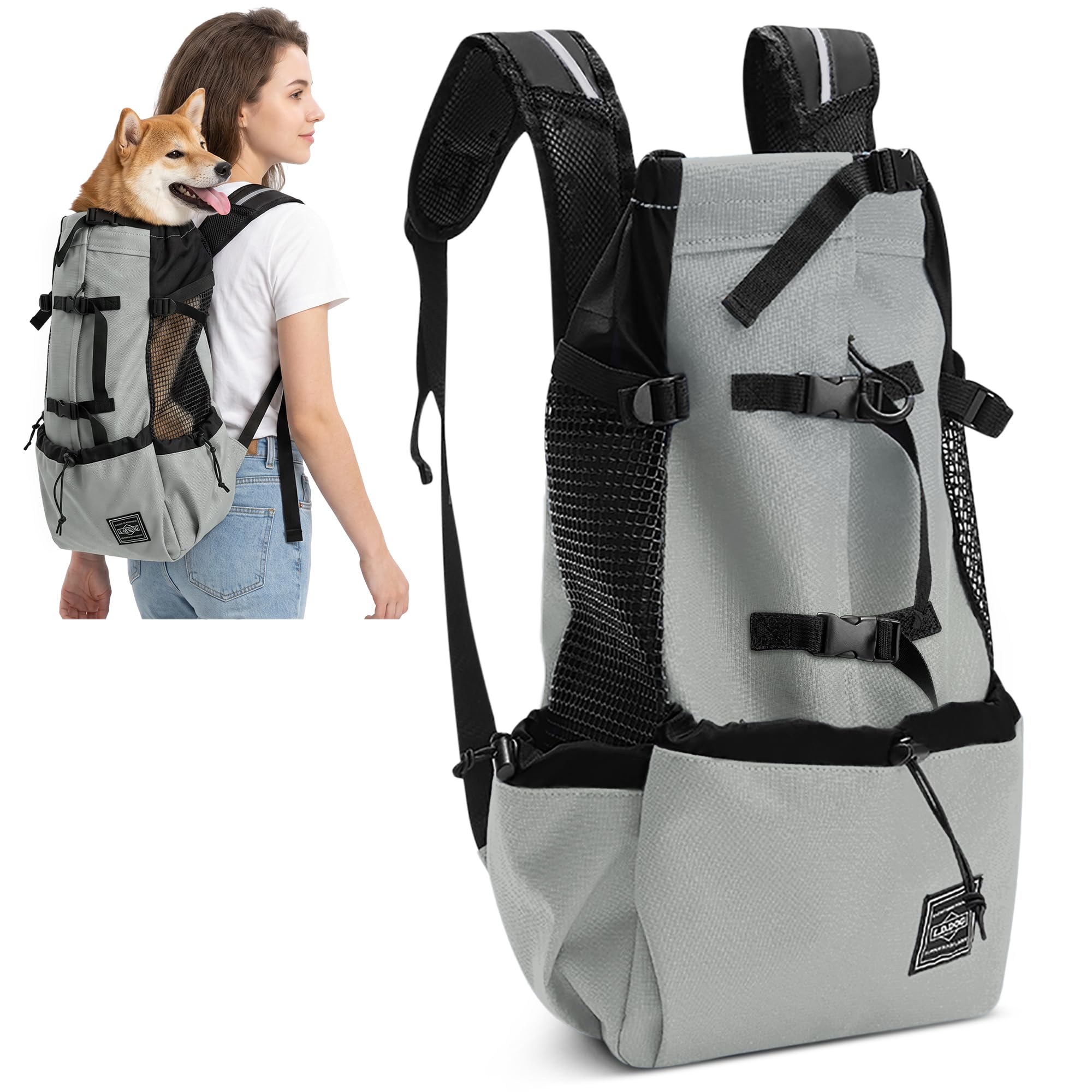 ALLSOPETS Zaino per Cani Regolabile Portatile, Zaino Porta Cane Piccola Media Taglia Passeggiate Escursioni Viaggi Campeggio Grigio Salvia L