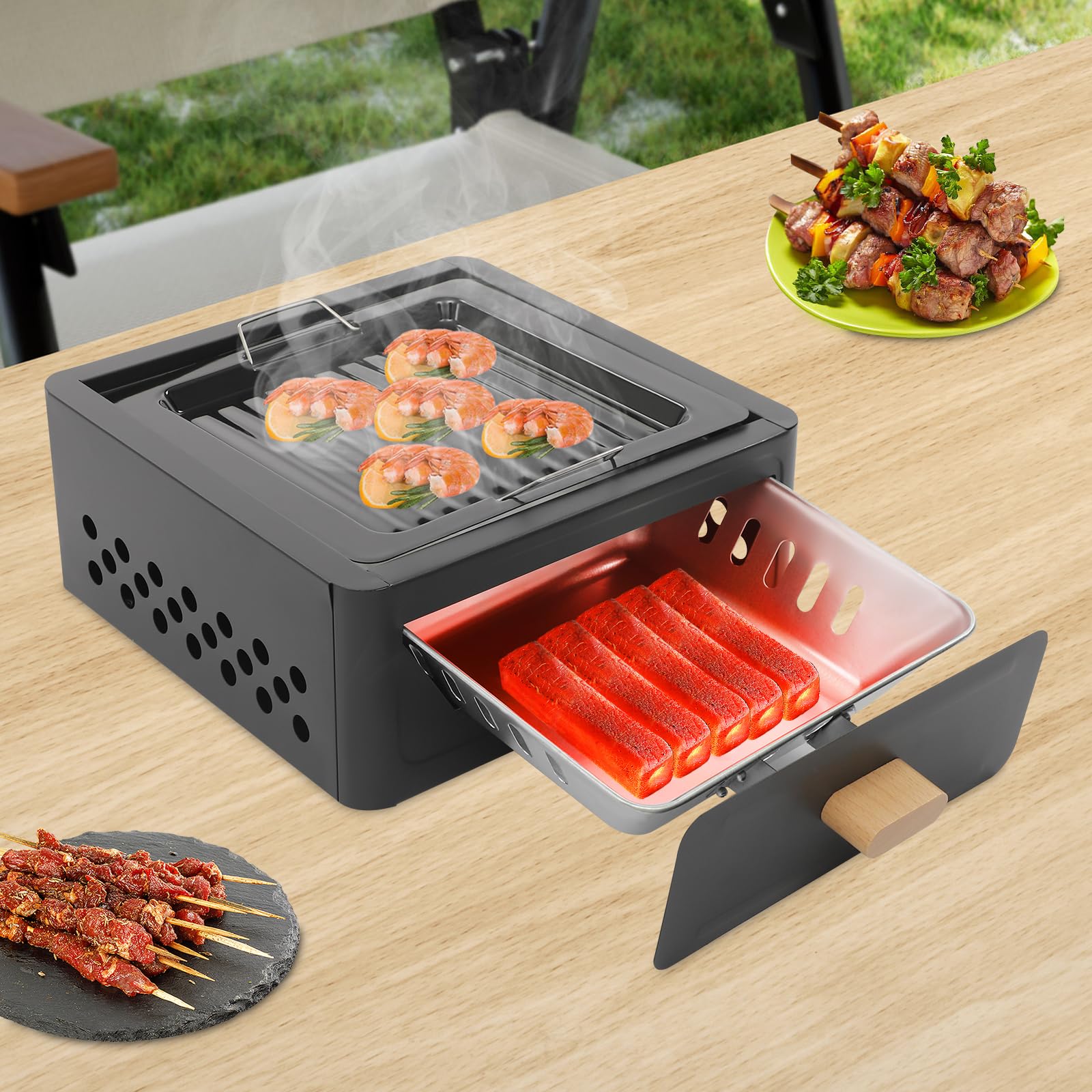 Portable Square Charcoal Grill - 12.2"x12.2" Tabletop BBQ For Camping, Picnics, Backyard - Includes Grill Net & Baking Tray (Black)