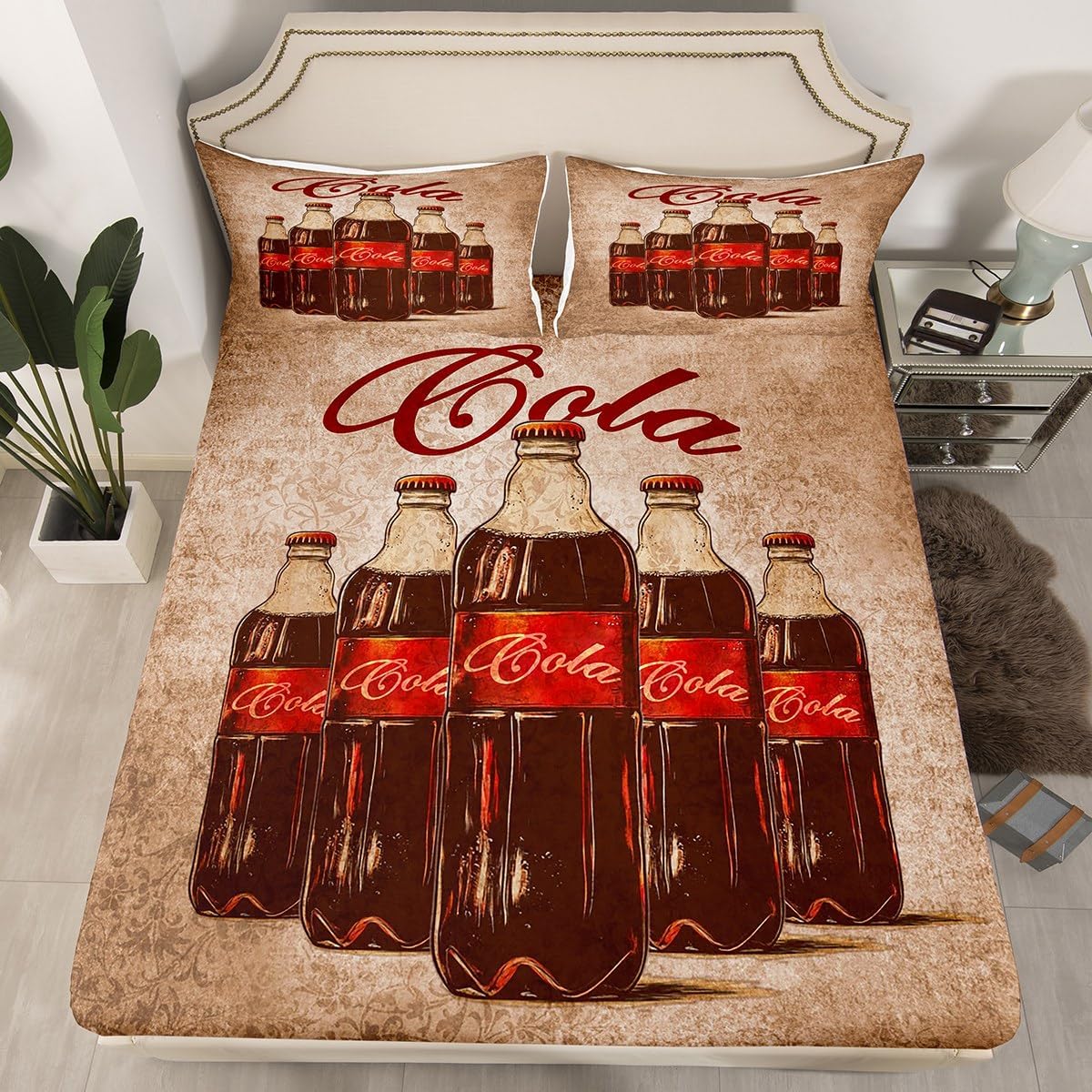 Feelyou Kids Cola Bedding Set Twin Size, Vintage Fitted Sheet Drinks Bed Sheet Set Boys Girls Summer Holiday Teens Bedroom Decor Lightweight Bed Set (No Flat Sheet)