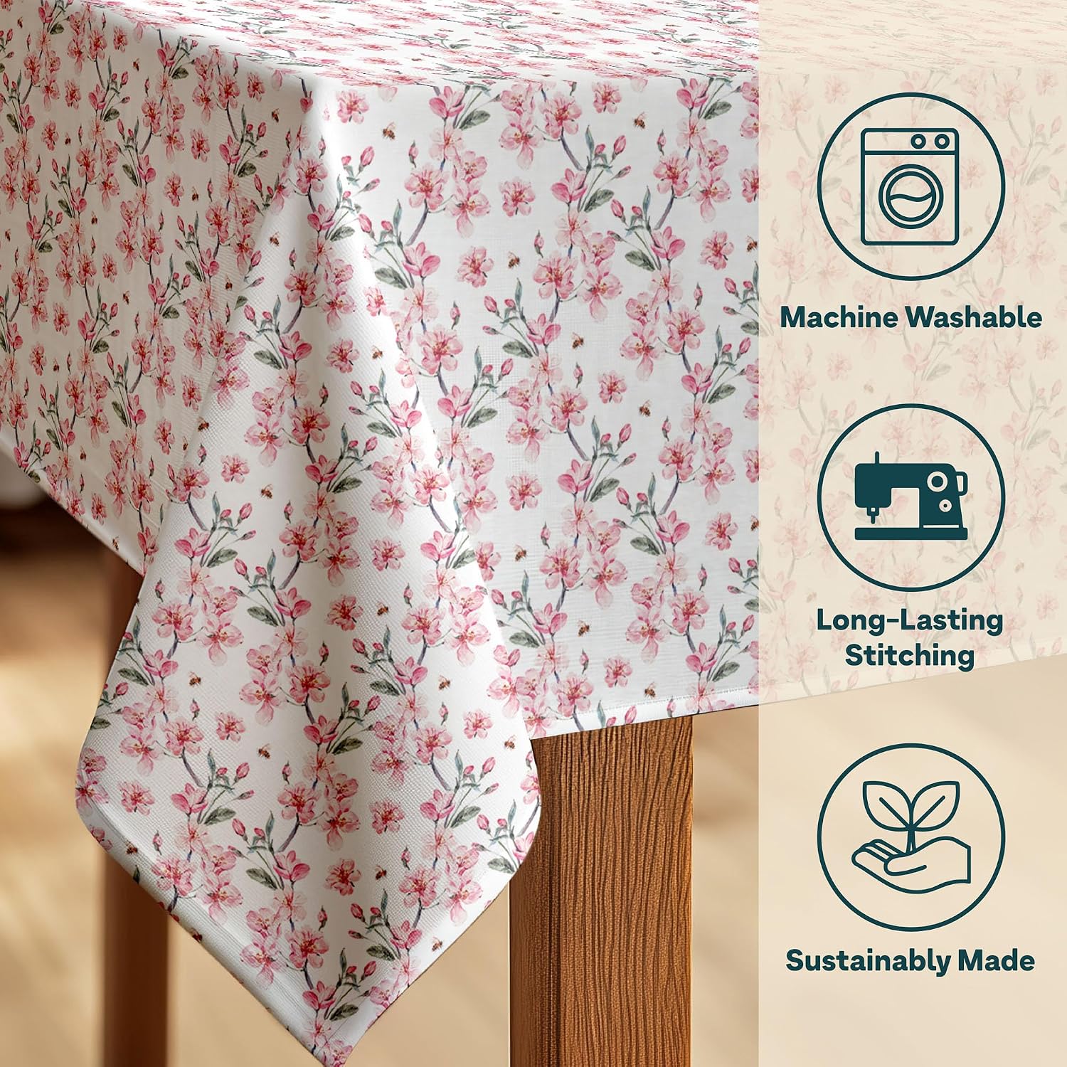 Spring Tablecloth | Made in America Linen Table Cloths | Scratch, Stain & Wrinkle Resistant | Floral Tablecloth Kitchen Decor | Pink Blossoms - 60" x 120" Rectangular