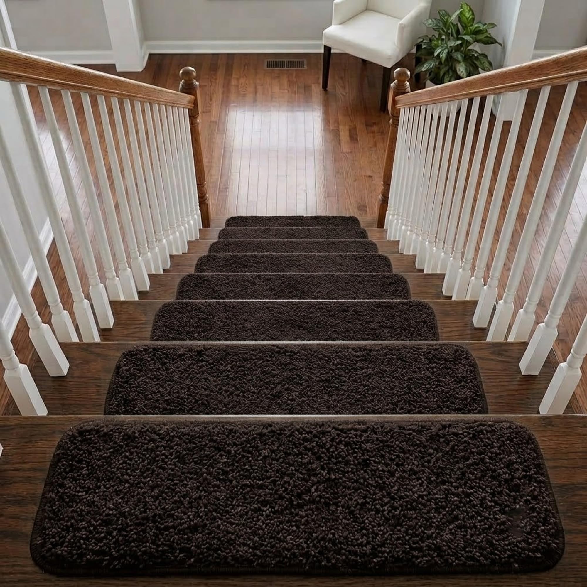 Soft Shaggy Stair Treads Non Slip Machine Washable Carpet Mats 22x67cm 30mm Thick Plush Stair Rugs for Wooden Stairs Indoor Anti Slip Step Mats Safe for Kids Pets Hallway Home (Brown, 7) โ image 1
