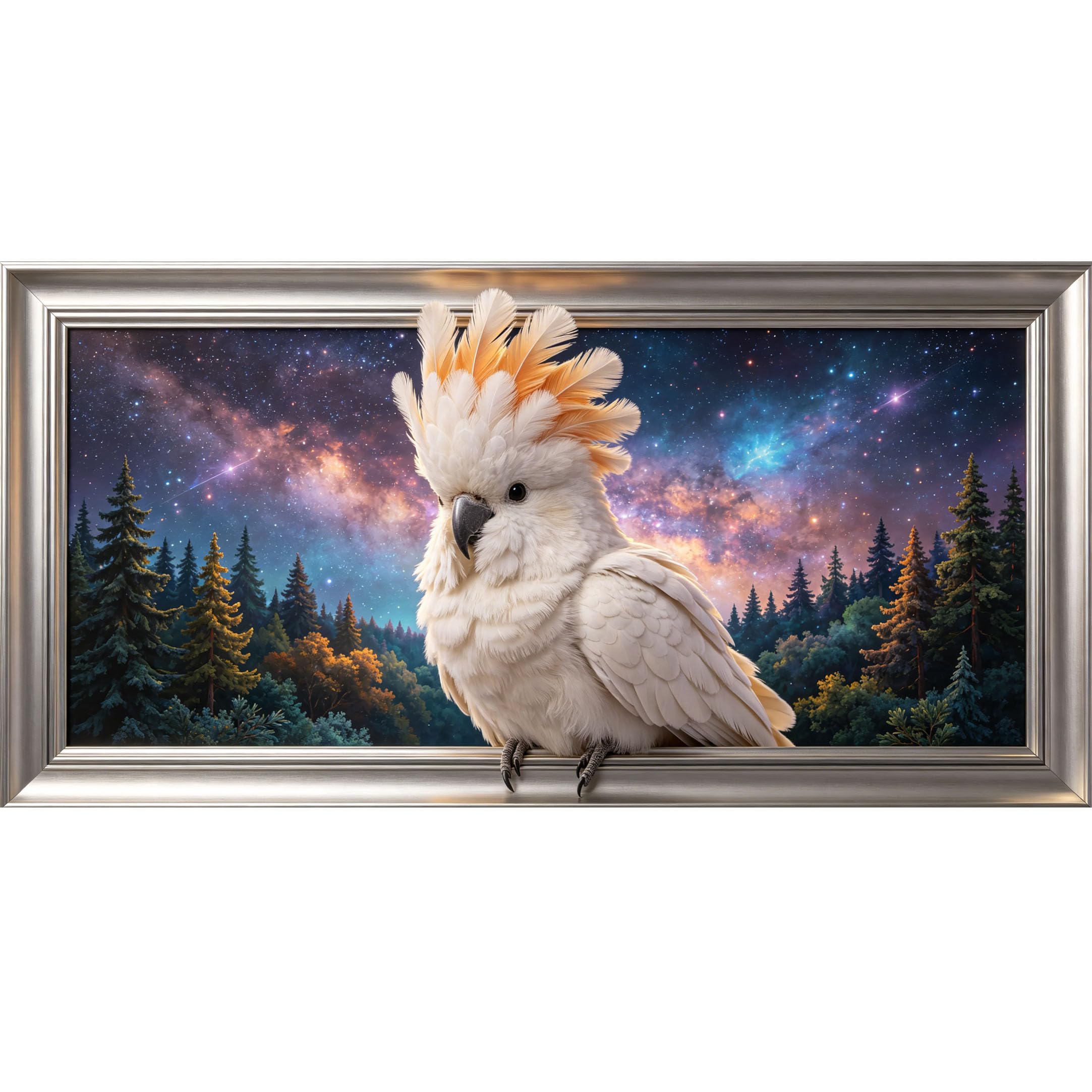 Agglomerix 3D Framed Wall Art Cockatoo Forest Galaxy Sky Stars Night Scenic Landscape Large Size Self-Adhesive Removable Wall Decor Prints Artwork for Living Room Bedroom Office