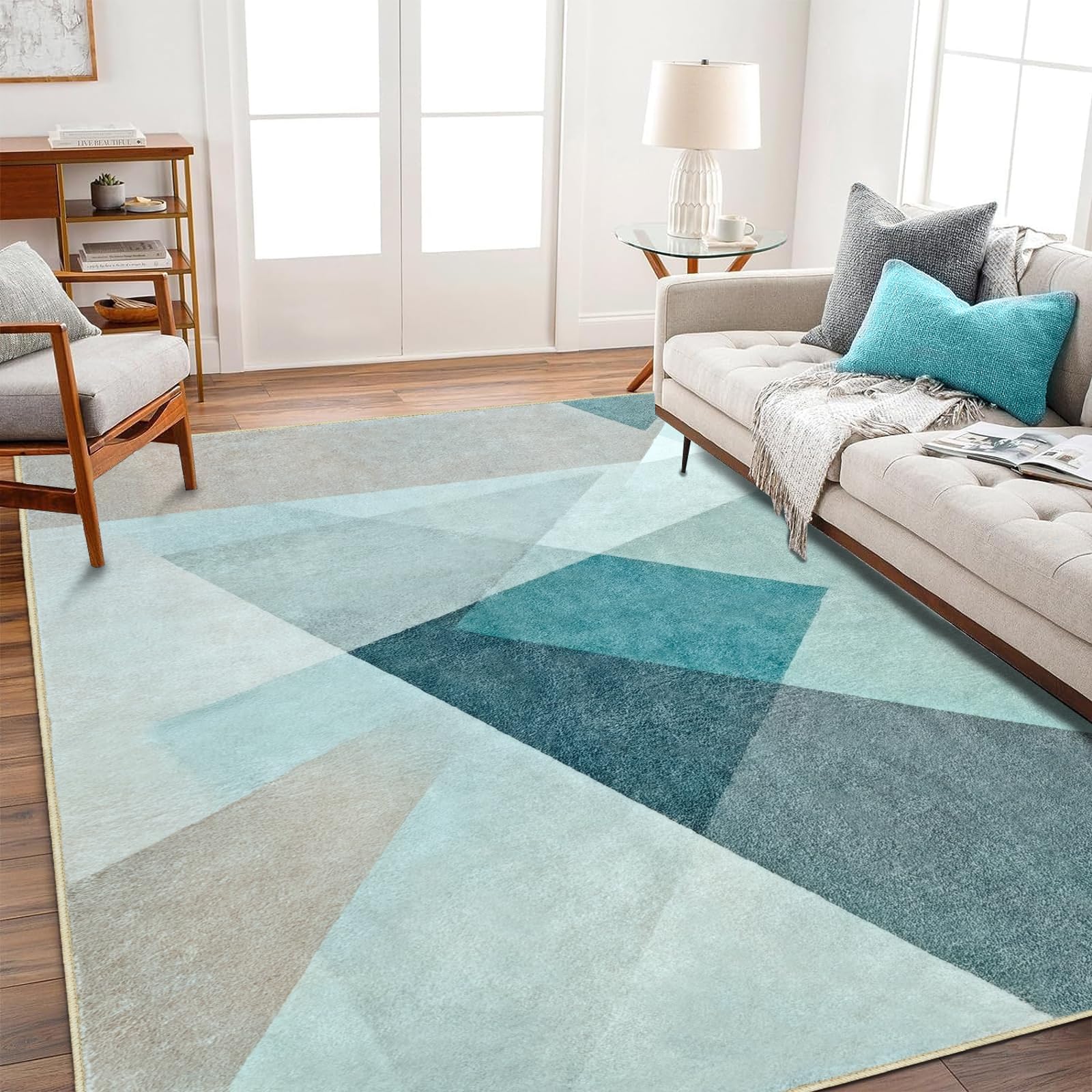 Tapis de luxe à poils courts style géométrique bleu sarcelle