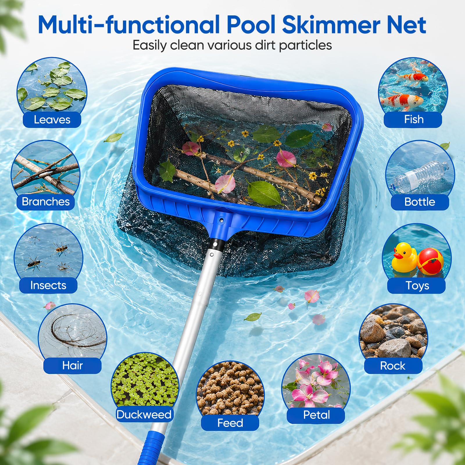 Red de piscina con barra telescópica de 320 cm, red fina para estanque, red de 43,5 cm de profundidad, red de suelo, recogehojas para algas para piscina, estanque, jacuzzi, spa