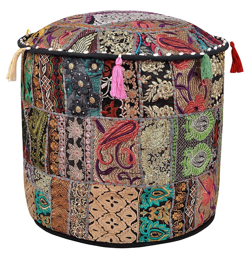 Sophia-Art Indian Embroidered Patchwork Cover Indian Decorative Pouf Indian Comfortable Floor Cotton Cushion Ottoman Pouf,Indian Designs Ethnic Patchwork Pouf (Black, 18"x13")-image-33