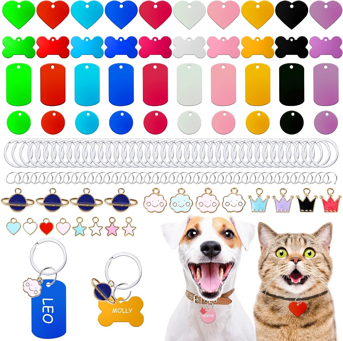 Juego de 140 etiquetas de identificación para mascotas con 40 etiquetas coloridas en blanco para perros, etiquetas de identificación de gatos de aluminio de doble cara, 80 llaveros de acero inoxidable y 20 colgantes para perros, gatos, mascotas, nombre, número de teléfono, etiqueta artesanal