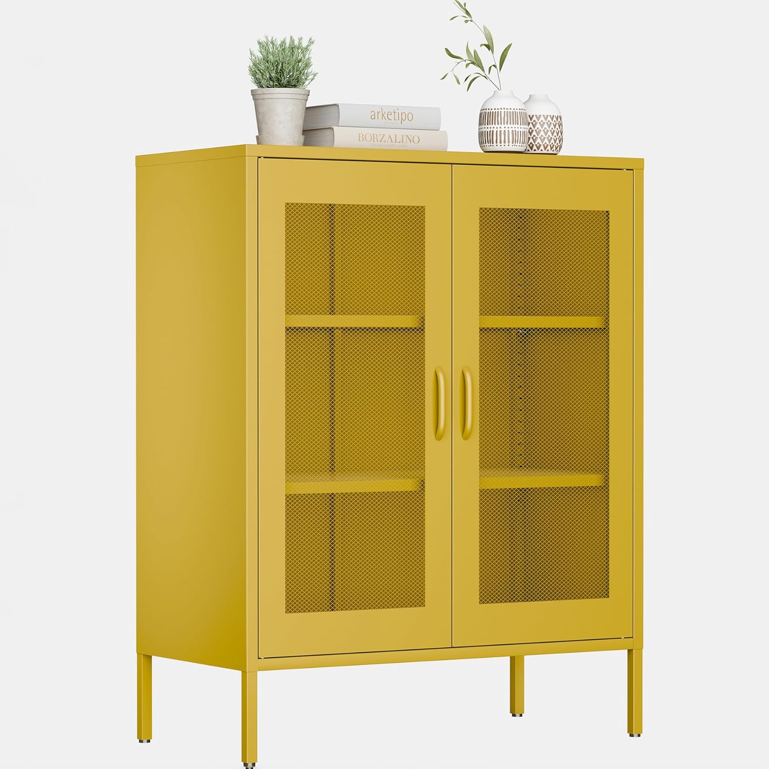 40"H Yellow Metal Cabinet,Locker Storage Cabinet,Bathroom Floor Storage Cabinet,Small Yellow Cabinets with 4 Doors,Freestanding Sideboard,Pantry Food Cabinet for Hallway,Home Office, Kitchen