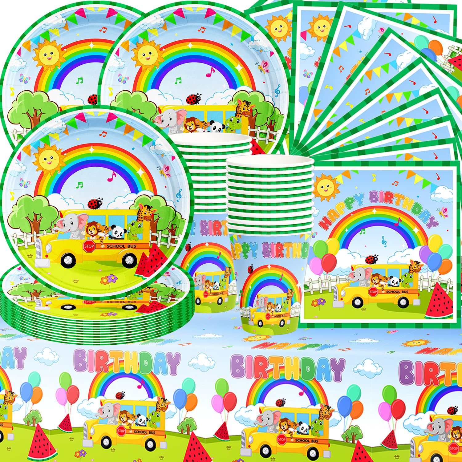 Set di decorazioni per feste di compleanno a tema fattoria verde per bambini, 61 pezzi include piatti di cartone, tazze, tovaglioli e tovaglie per 20 bambini, festa di compleanno a tema fattoria con