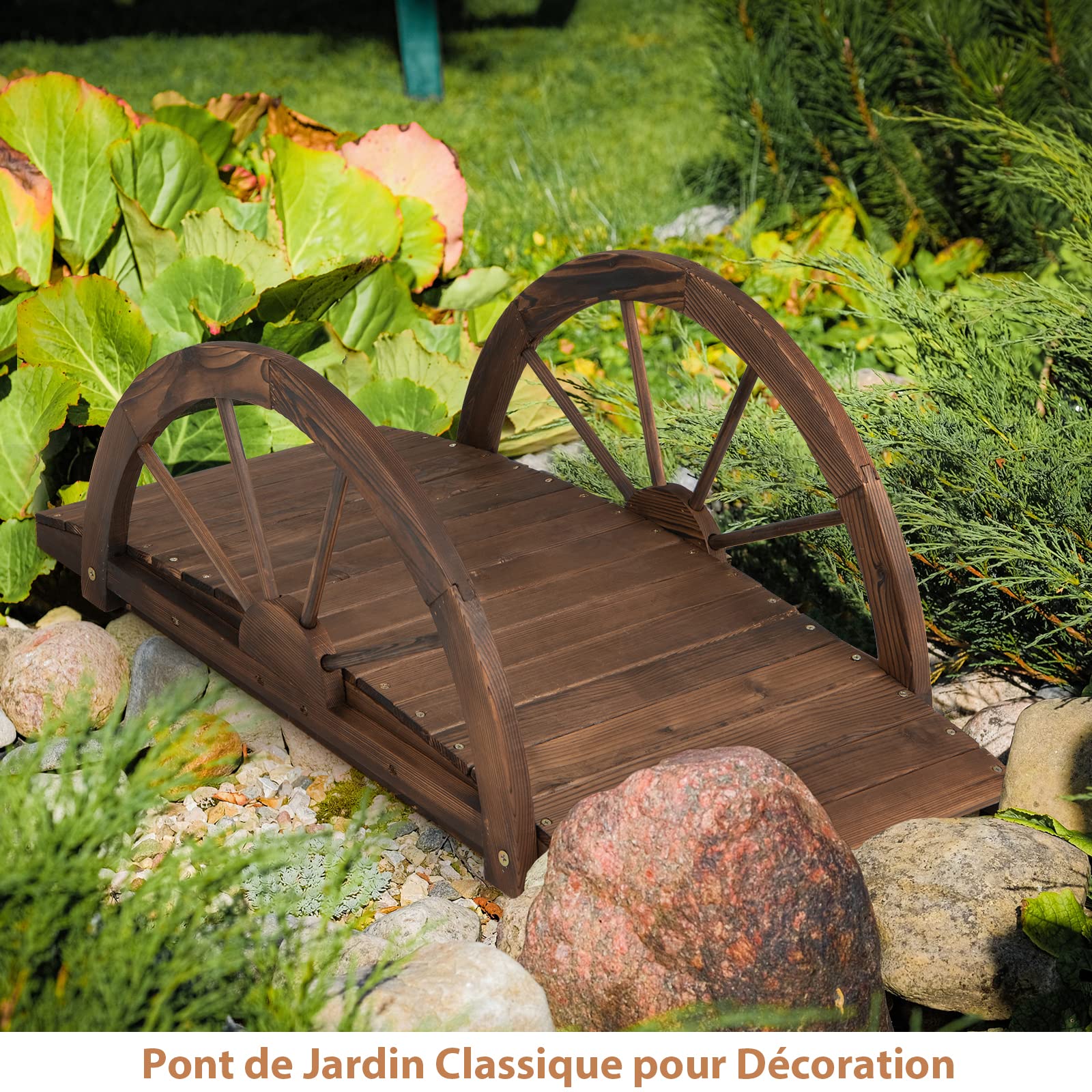 COSTWAY Pont de Jardin en Sapin Carbonisé Charge Maximale 75KG, Pont sur Étang 101,5x48,5x38CM avec des Garde-Corps en Demi-Roue, Décoration du Jardin pour Patio Cour
