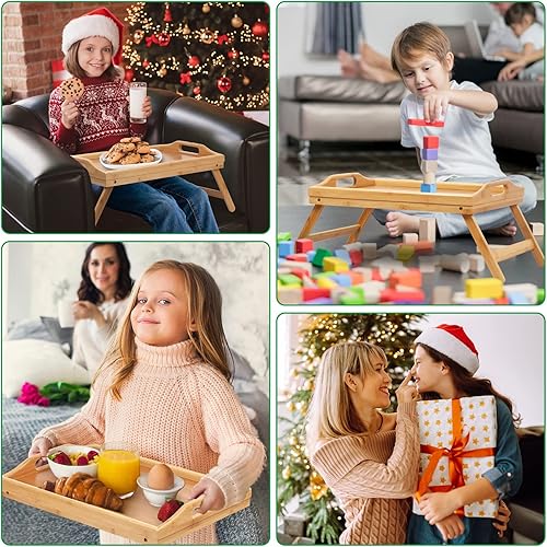 Miniatura 6 de Bandeja de cama con patas plegables con asas, bandeja de desayuno para sofá, dibujo, platos de bambú para servir bandeja de aperitivos