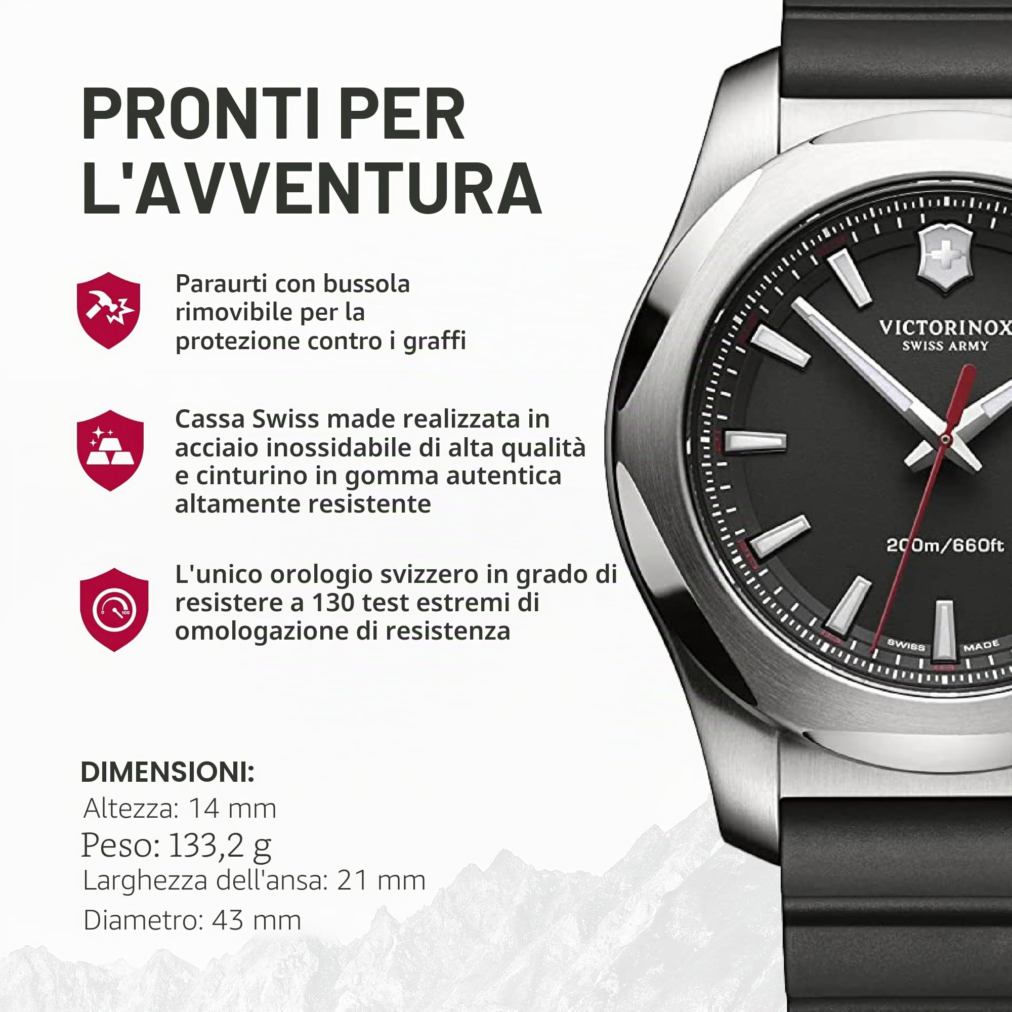 Victorinox Orologio Uomo I.N.O.X. Ø 43 mm, Swiss Made, Quarzo Analogico, Impermeabile fino a 200 m, Vetro Zaffiro