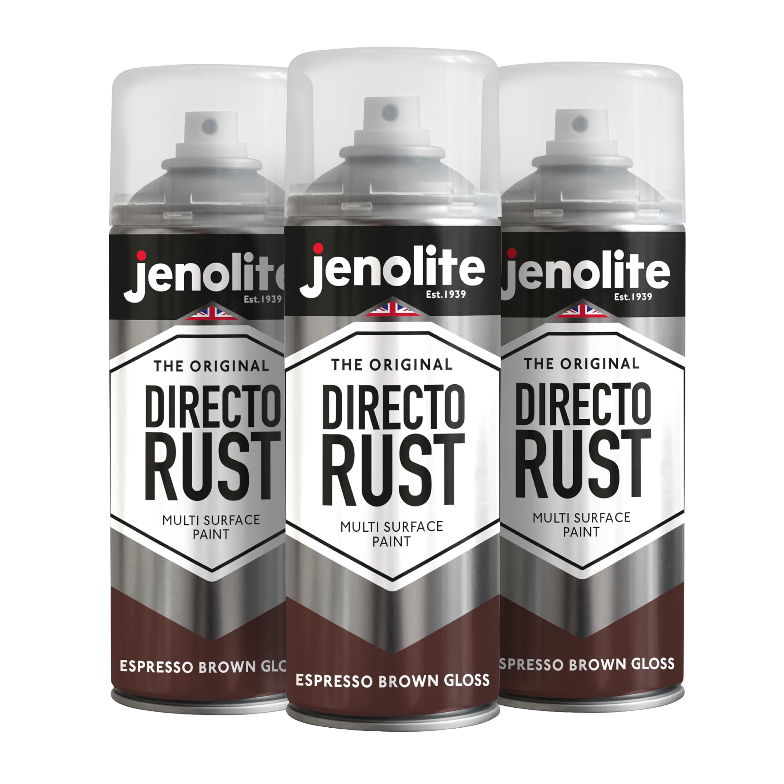 Jenolite Espresso Brown Directorust Gloss Spray Paint | | 3 X 400Ml | Direct To Rust Spray Paint For Metal | Multi Surface Gloss Aerosol For Wood, Metal, Plastic, Ceramic | Ral 8017