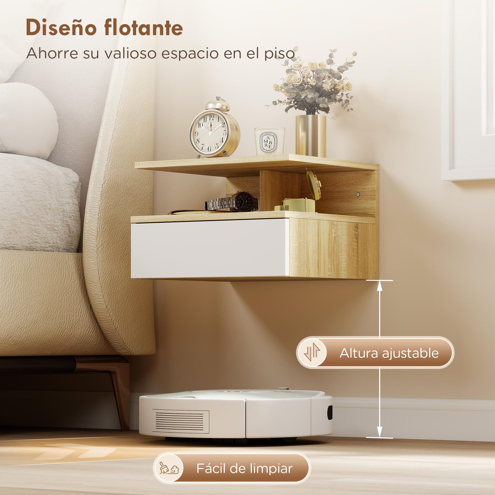 HOMCOM Juego de 2 Mesitas de Noche Flotantes con Cajón, Montado en la Pared, 35x32x22,5 cm, Roble y Blanco
