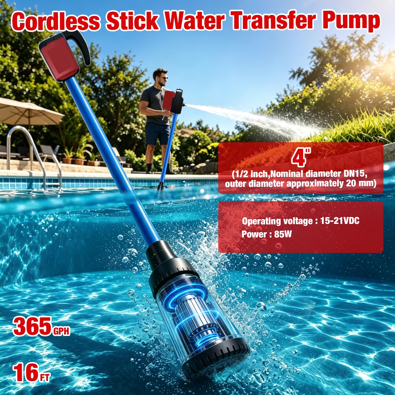 Wasserpumpe 85W für Milwaukee M18 18V Akku, 1400L/H, 4,5m Förderhöhe | Pumpe für Milwaukee M18 Akkus,Förderhöhe. 1/2" (DN15) Anschluss. Leicht, tragbar vielseitig für Garten, Pool & Regenwasser