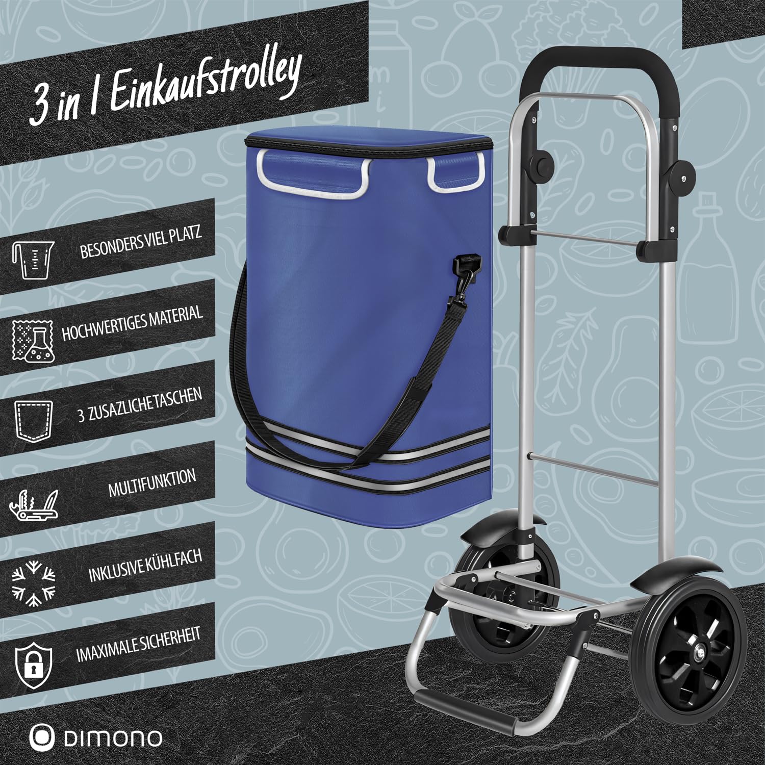 DIMONO® Einkaufstrolley klappbar, 56L Kühlfach, 30kg Tragkraft in Blau