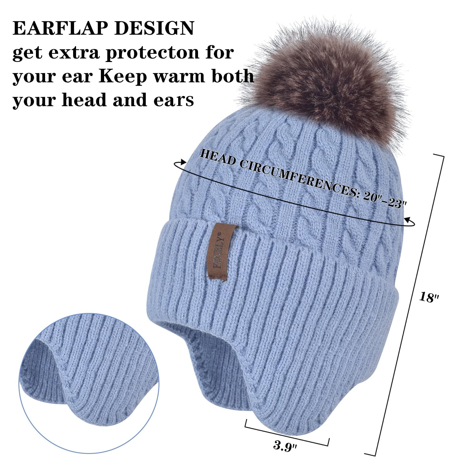 FENELY Gorro de invierno de punto cálido para mujer, capa interior de cachemira, cálido gorro de nieve grueso con pompón