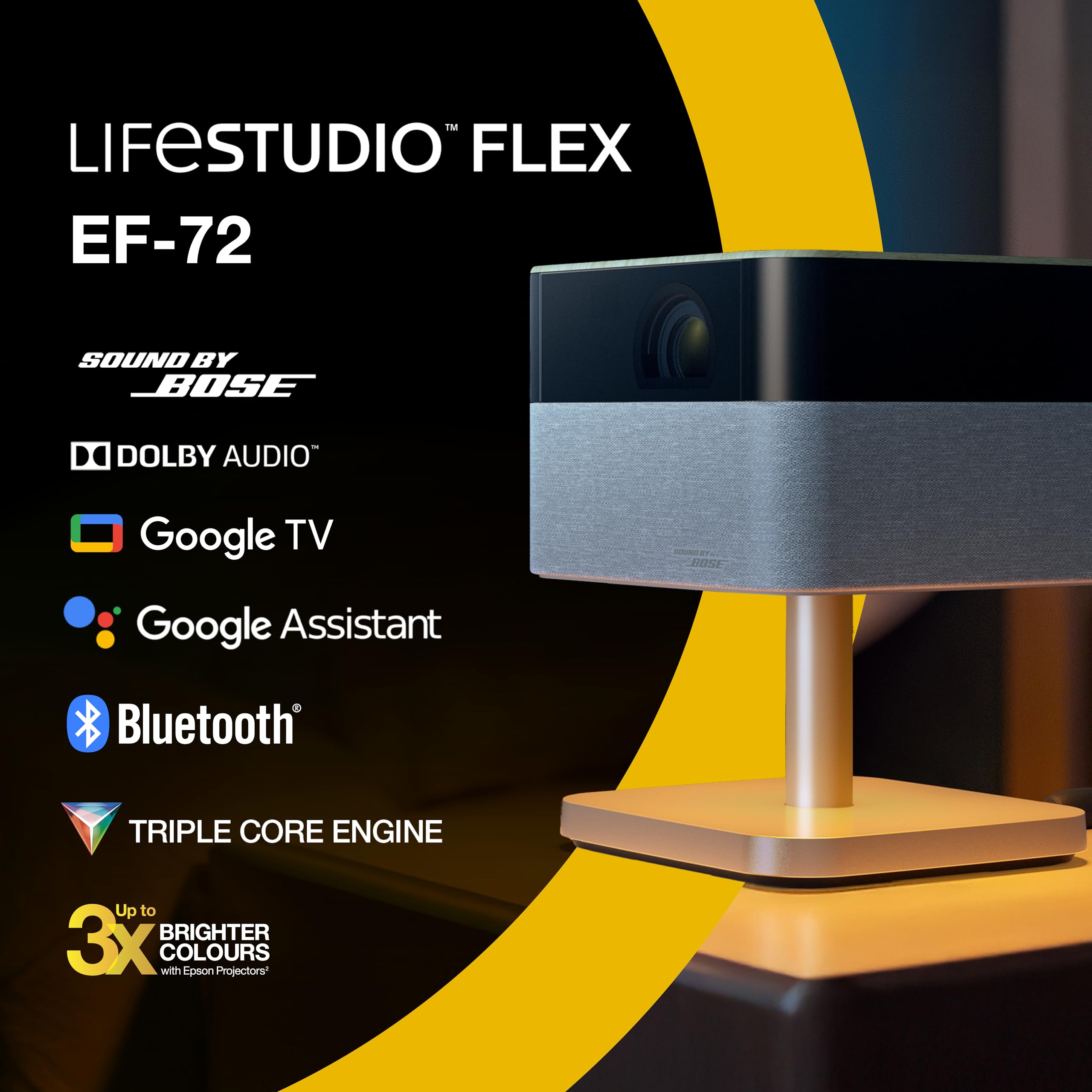 Epson Lifestudio Flex Plus EF-72 | Projecteur TV Intelligente Portable, 4K Pro-UHD | 1 000 lumens | 3LCD x RGB-LED | Sound by Bose | Google TV | Config. aisée | Écran 150 po | Garantie 5 Ans | Chêne